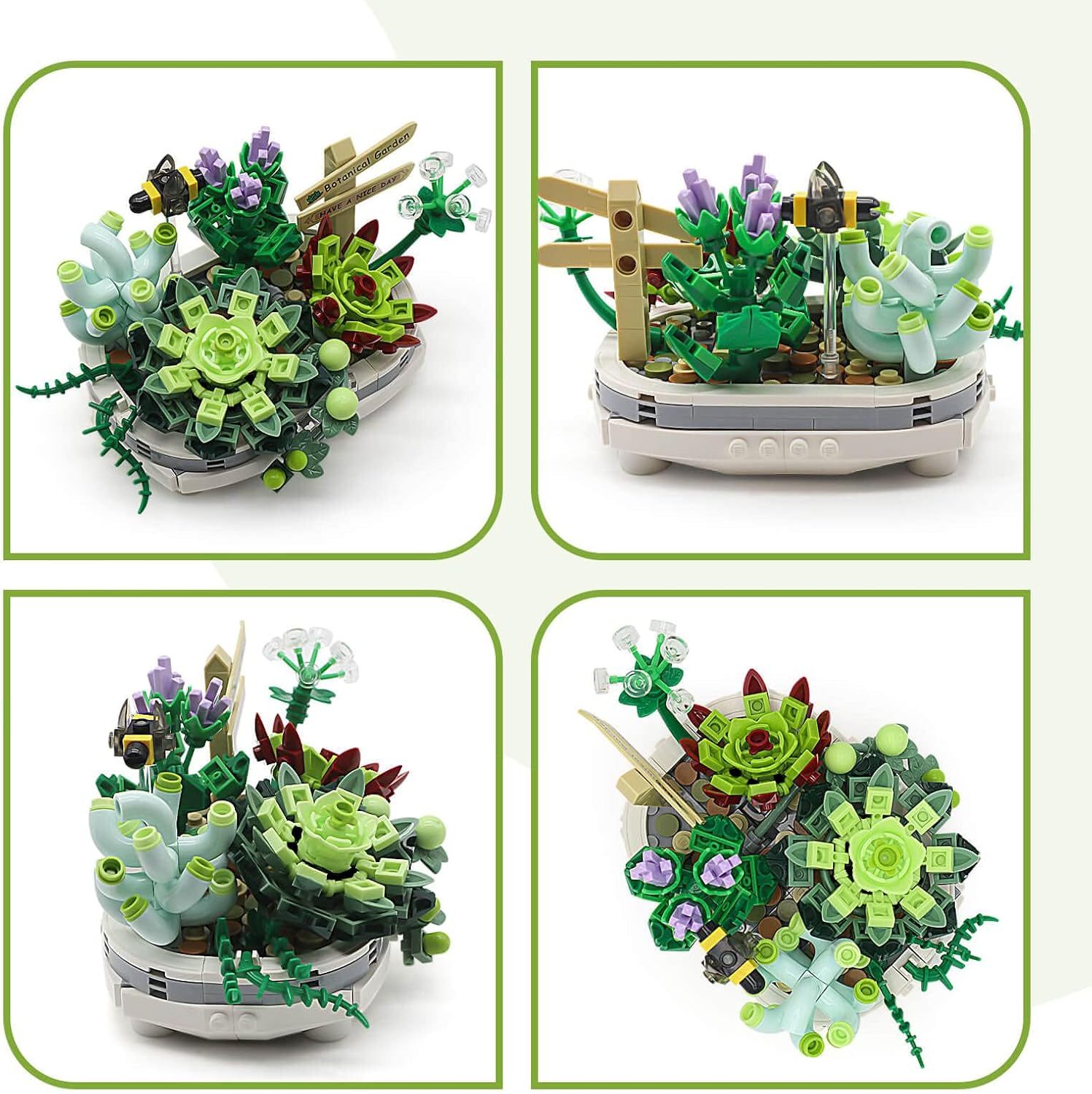 Four different close-up views of the assembled HIGH GODO Succulent Bonsai Plant Set, showcasing the various mini brick plants and decorative elements from multiple angles.