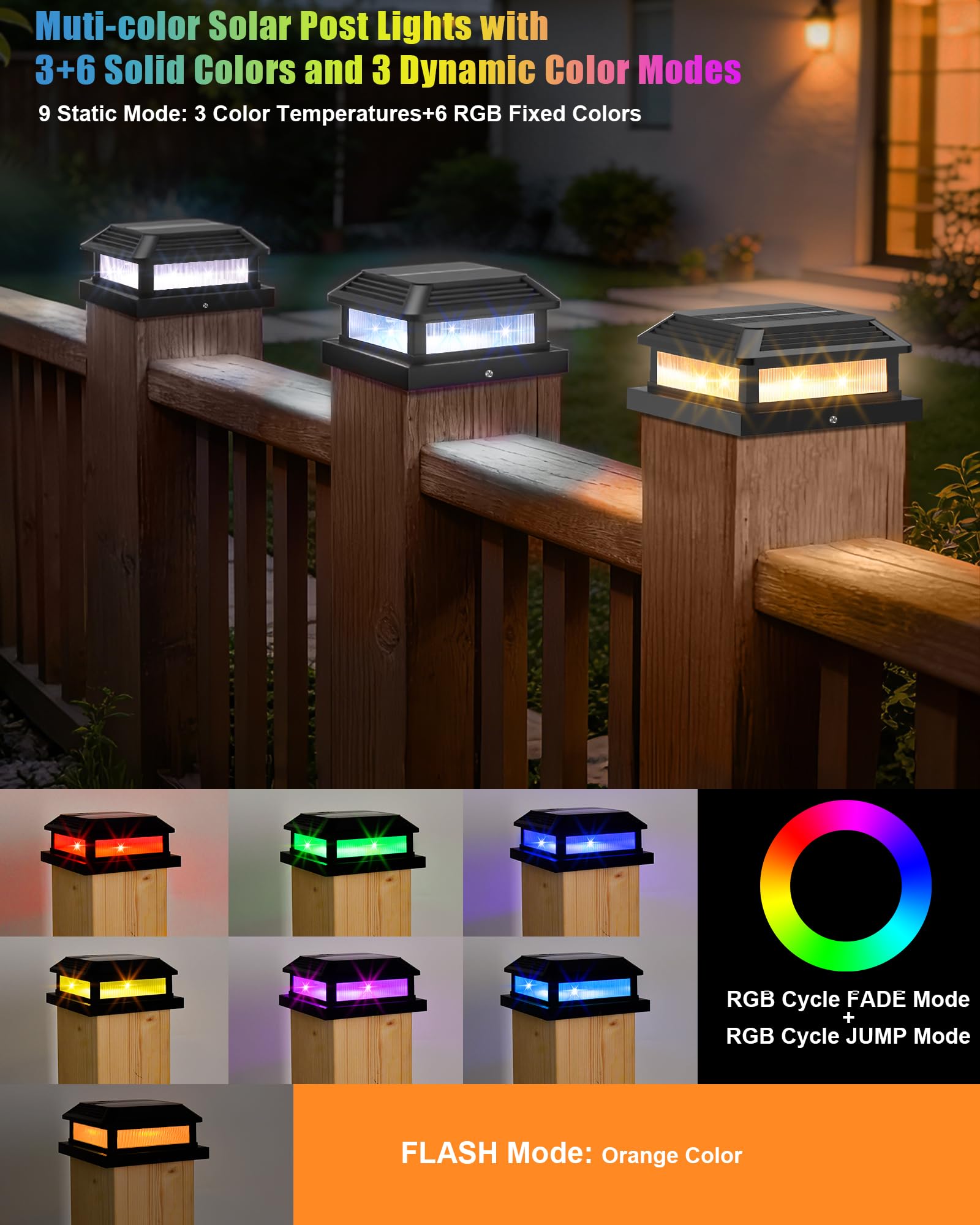 Solar-Pfostenkappenleuchten für den Außenbereich mit Fernbedienung, RGB-Farbwechsel, 4 x 4 Pfosten-Solarleuchten, passend für 5 x 5, 4,5 x 4,5, 4 x 4, 3,5 x 3,5 Holz/Vinyl-Zaun, wasserdichte