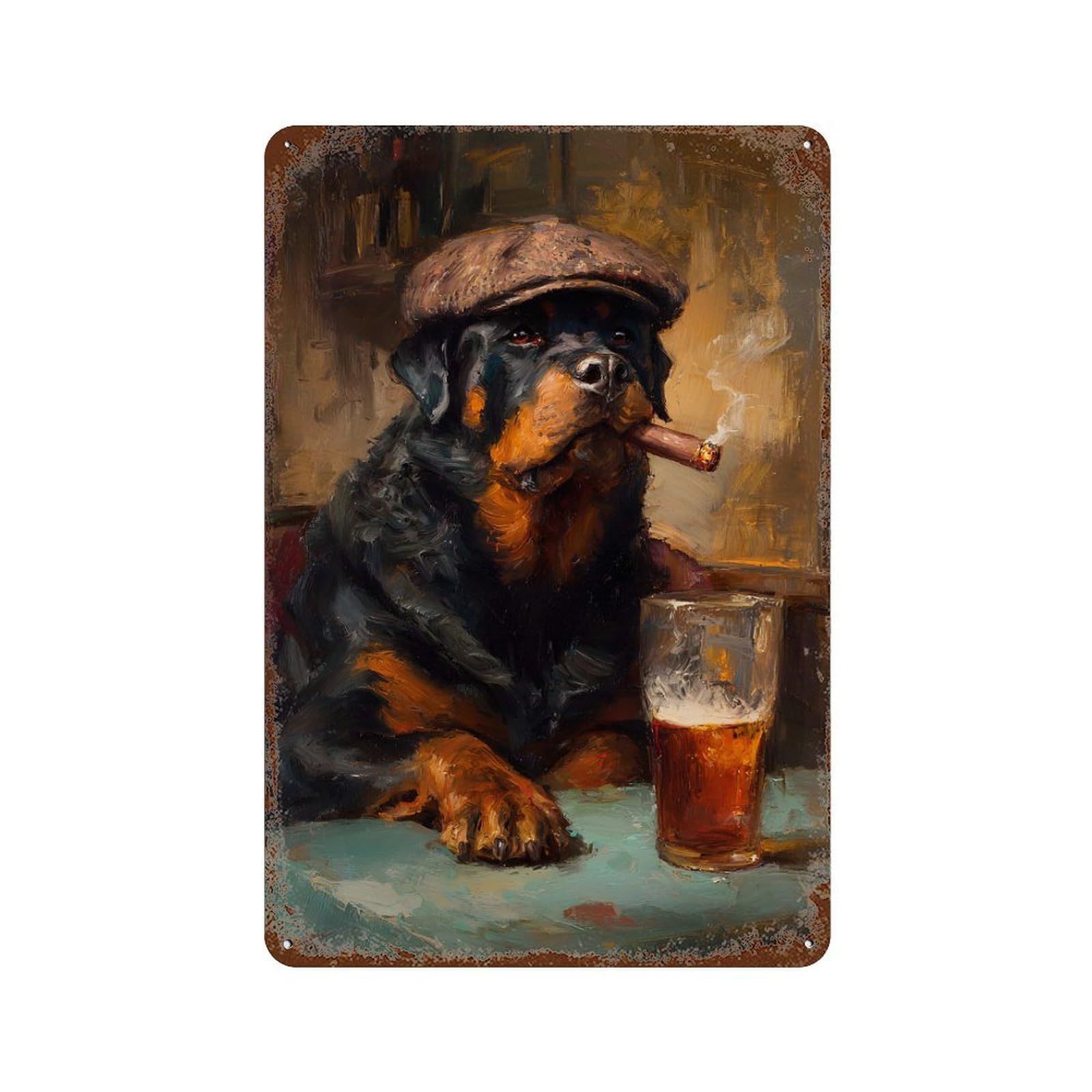 Rottweiler with Cigar And Beer Painting Weathered Tin Sign 11.8"x7.9", Vintage Wall Decor for Garage, Pub Or Kitchen