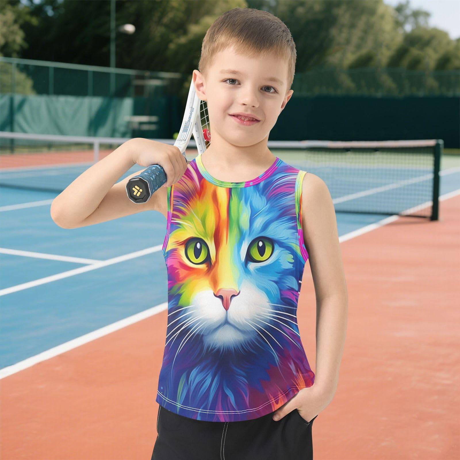 Canottiera senza maniche con gatto neon per ragazzo, canottiera sportiva traspirante per bambini