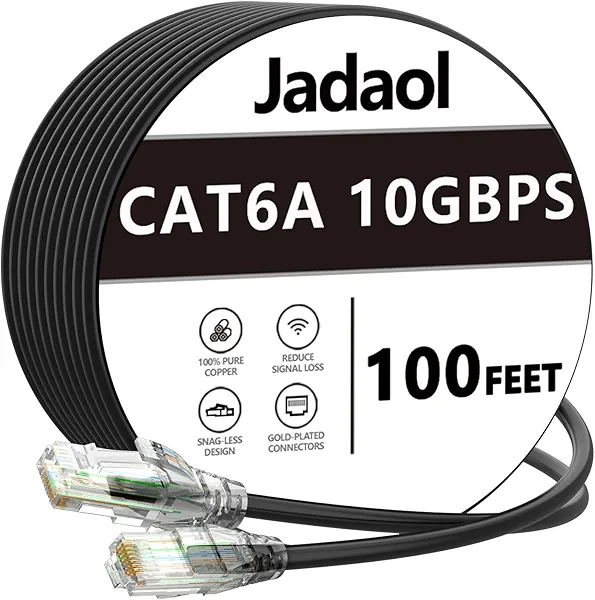 Jadaol Cat6a Ethernet Cable 100 ft, Slim Round 28AWG, 10Gbps 550MHz High-Speed Pure Copper RJ45 LAN Cable, Indoor Snagless Flexible Internet Network Patch Cord for Router, Modem, Switch, Gaming, Black