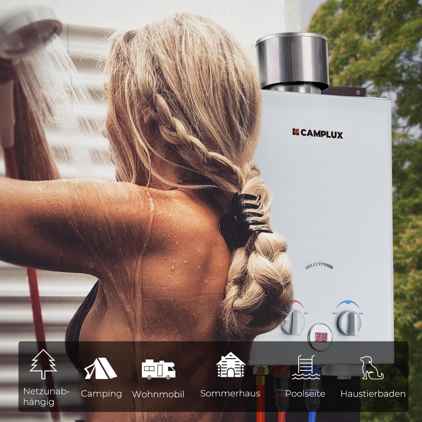CAMPLUX BW158C Scaldacqua a Gas Tankless, 6 Litri, 12kW, Butano (28-30 mbar) / Propano (37 mbar), per Doccia da Campeggio