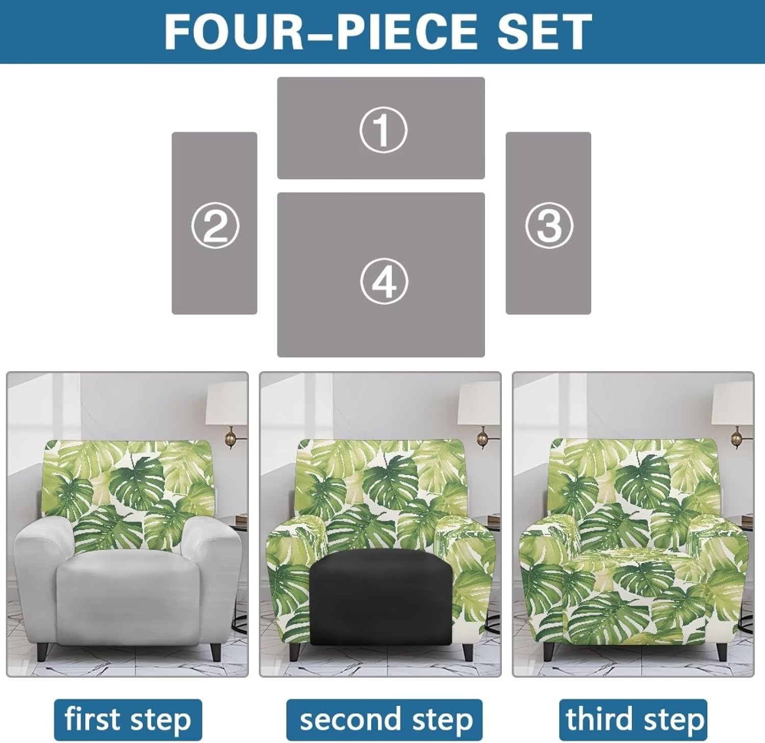 Recliner Chair Cover Sofa Slipcover Waterproof Reversible Chair Couch Cover Washable Furniture Protector with Straps for Dogs Pets, Monstera