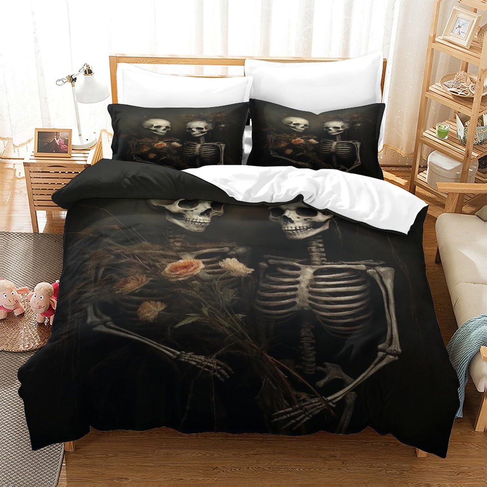 P1S9U7W5Y Gothic Skeleton 3D Printed Microfiber 3pcs Duvet Cover Set Bone Bedding Set King