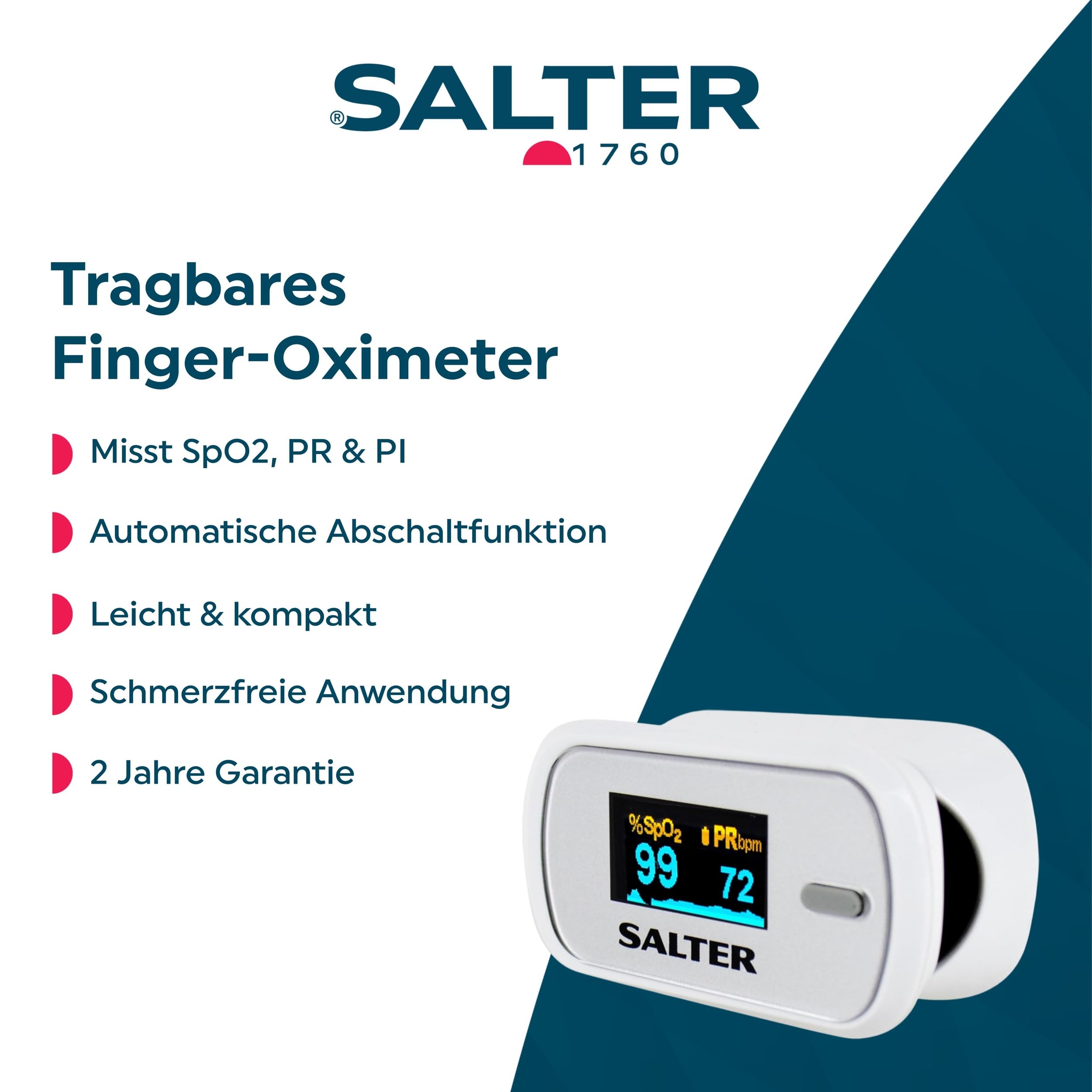 Salter PX-100-EU OxyWatch, fingeroximeter sauerstoff, Pulsoximeter, medizinischer oximeter, blutsauerstoffmessgerät finger, schnelles Messen, tragbar und benutzerfreundlich, 2 Jahre Garantie