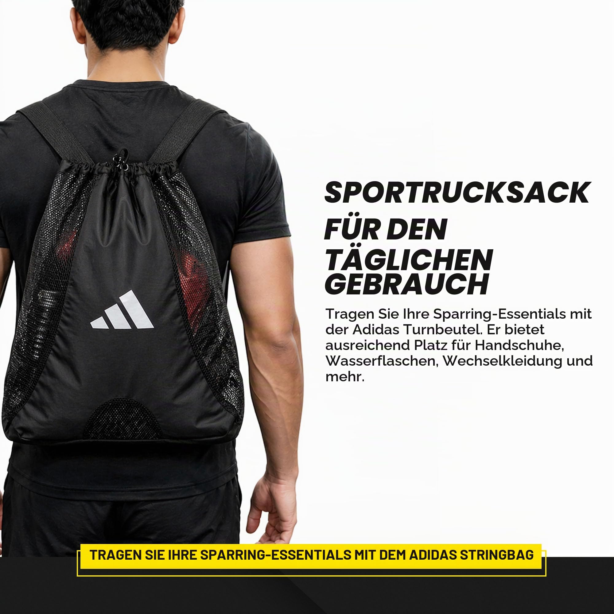 adidas Netz-Rucksack – 30 l schwarze Tasche mit Kordelzug, verstellbarer Riemen, stilvoll und geräumig, geeignet für Boxen, Karate, Judo, Taekwondo, Kickboxen und mehr