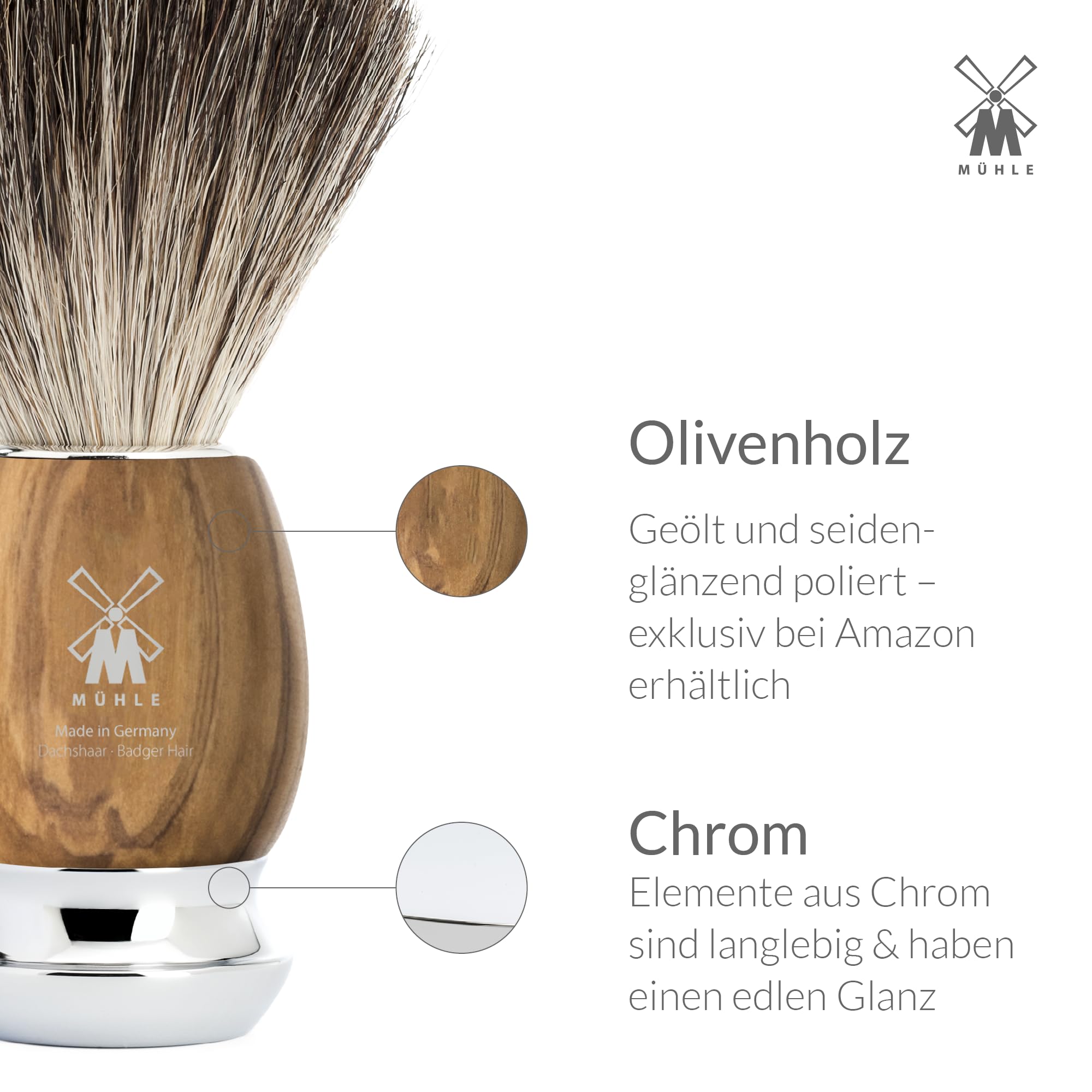 MÜHLE Vivo Rasierset - Rasierhobel, Rasierpinsel mit reinem Dachshaar, Halterung mit Schale, Griffe aus Olivenholz