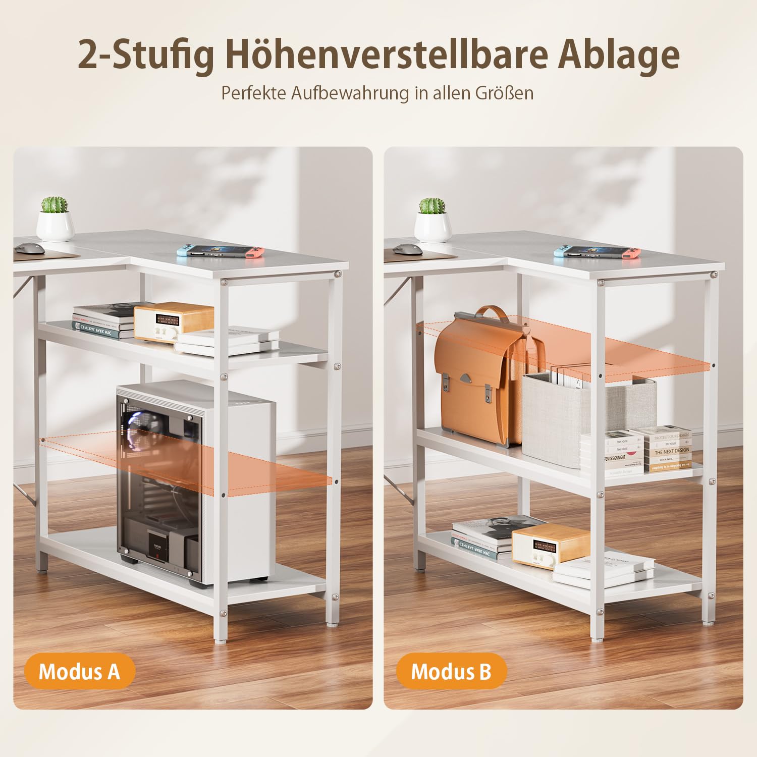 HLONONE Biurko narożne z 3 szufladami z materiału, 120 x 78 cm, stół komputerowy z miejscem do przechowywania, biurko komputerowe w kształcie L z kieszenią boczną, stół z półkami do biura, biały