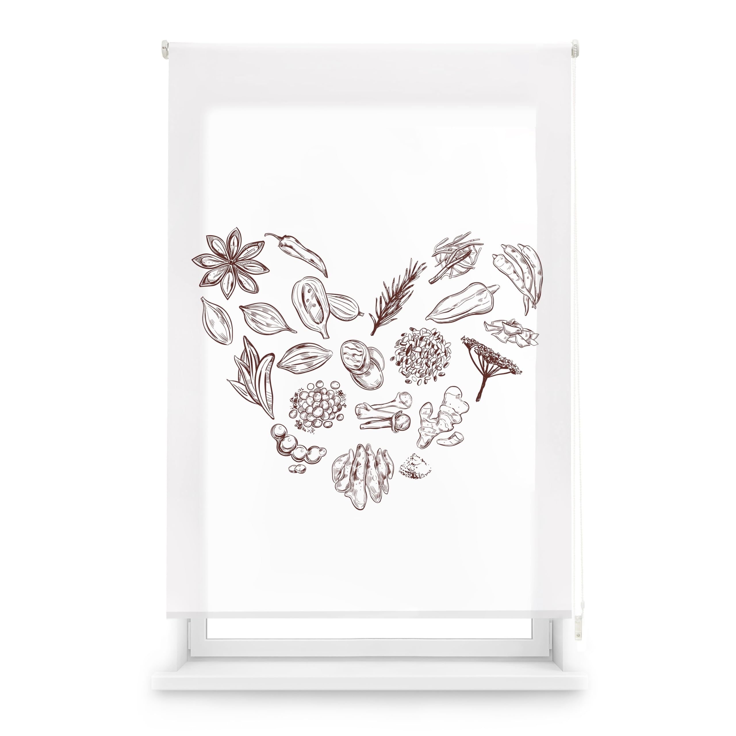 Blindecor Digital | Estor Enrollable Translúcido Estampado |Familia Cocina| Modelo C-HEARTSPICE | 110 x 180 cm (Ancho por Alto) Tamaño de la Tela 106 x 175 cm | Estores para Ventanas