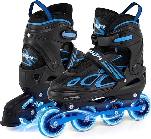 Vista 14 de BABY JOY Patines en línea, 4 tamaños ajustables para niños con ruedas iluminadas para niños de 5 a 14 años, divertidos patines iluminadores