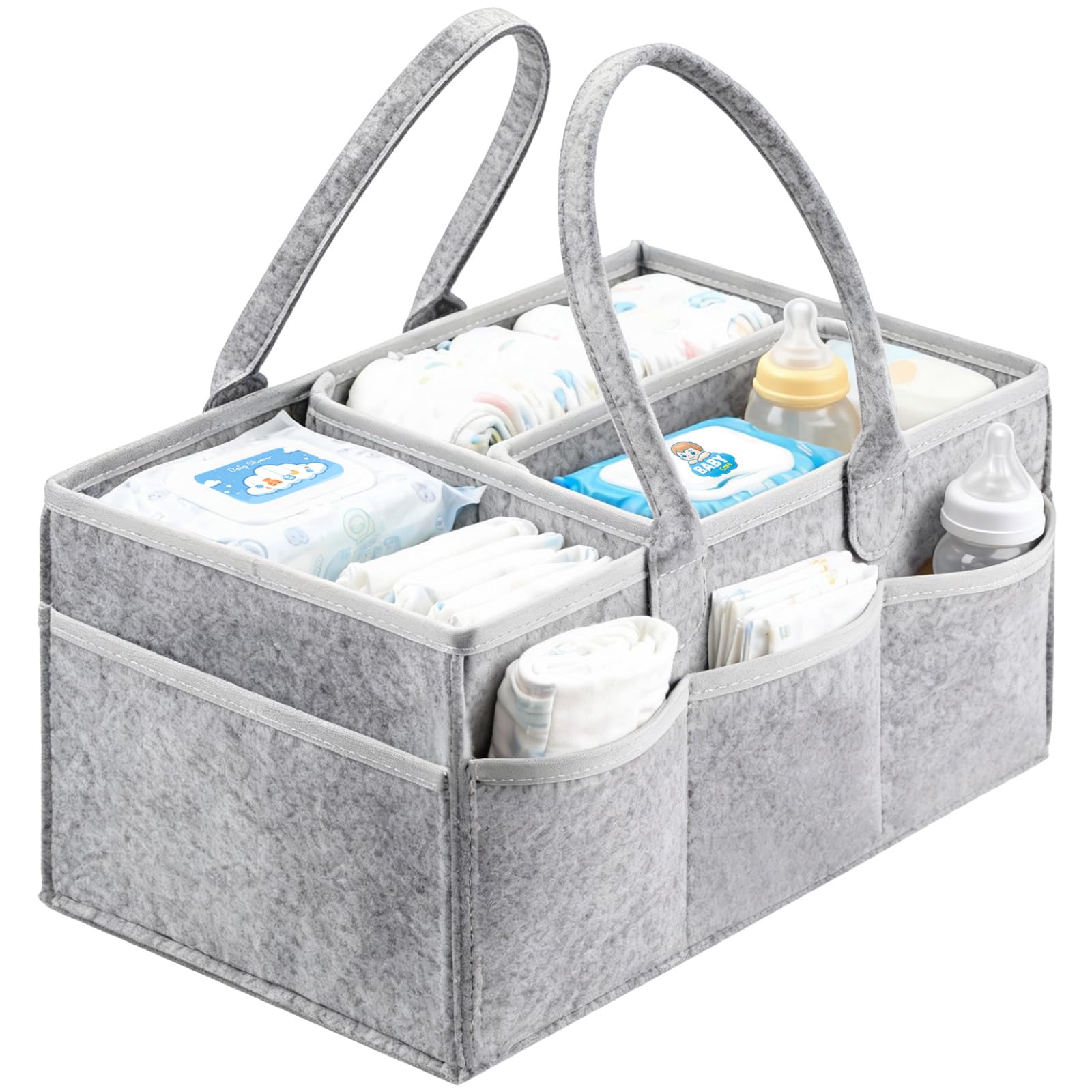 NBOUOU Baby Essentials for Newborn Nappy Caddy Organiser, Baby Nappy Organiser with Long Handles Detachable Compartments, Essentials Nappys Bin, Portable Babys Baskets for Hampers