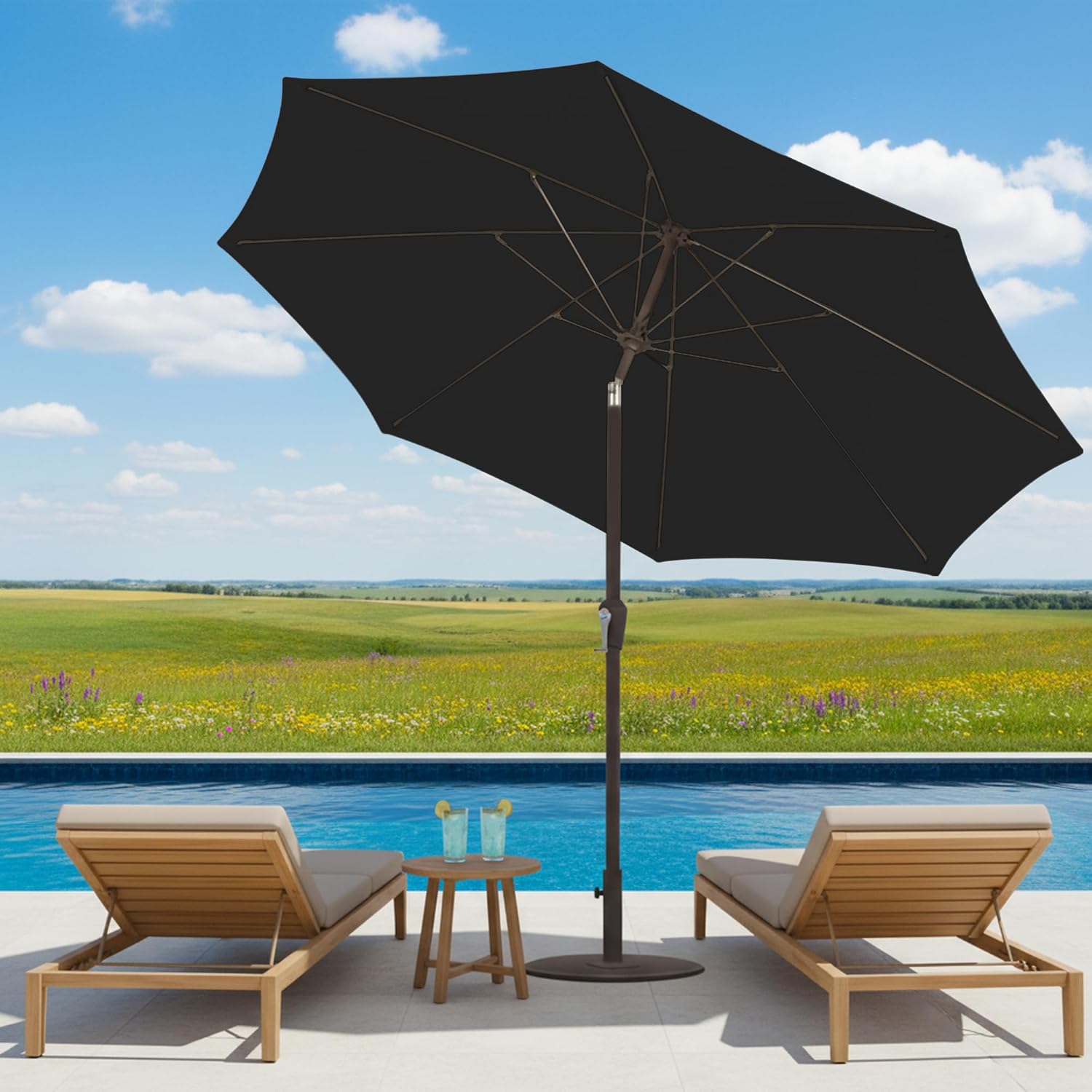 11FT Patio Umbrella, Outdoor Umbrella with with 8 Sturdy Fiberglass Ribs,Market Table Umbrella with Push Button Tilt and Crank,Suit for Backyard,Garden,Pool,Deck(Black)