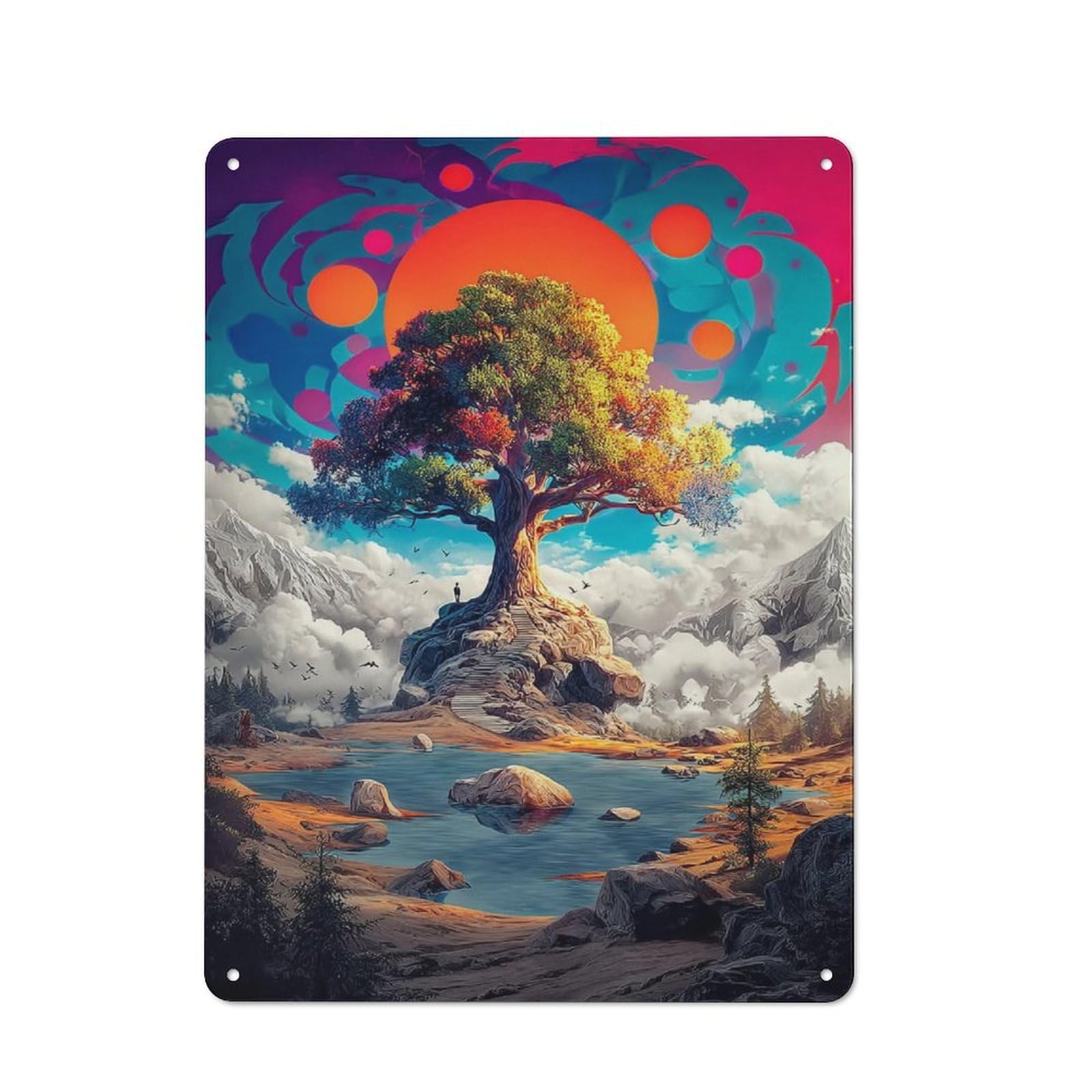 Junmoney Enchanted Tree Landscape Rustic Metal Wall Sign 40X30cm Featuring For Pub Or Café, For Vintage Wall Decor Fans, For Metal Sign Collectors