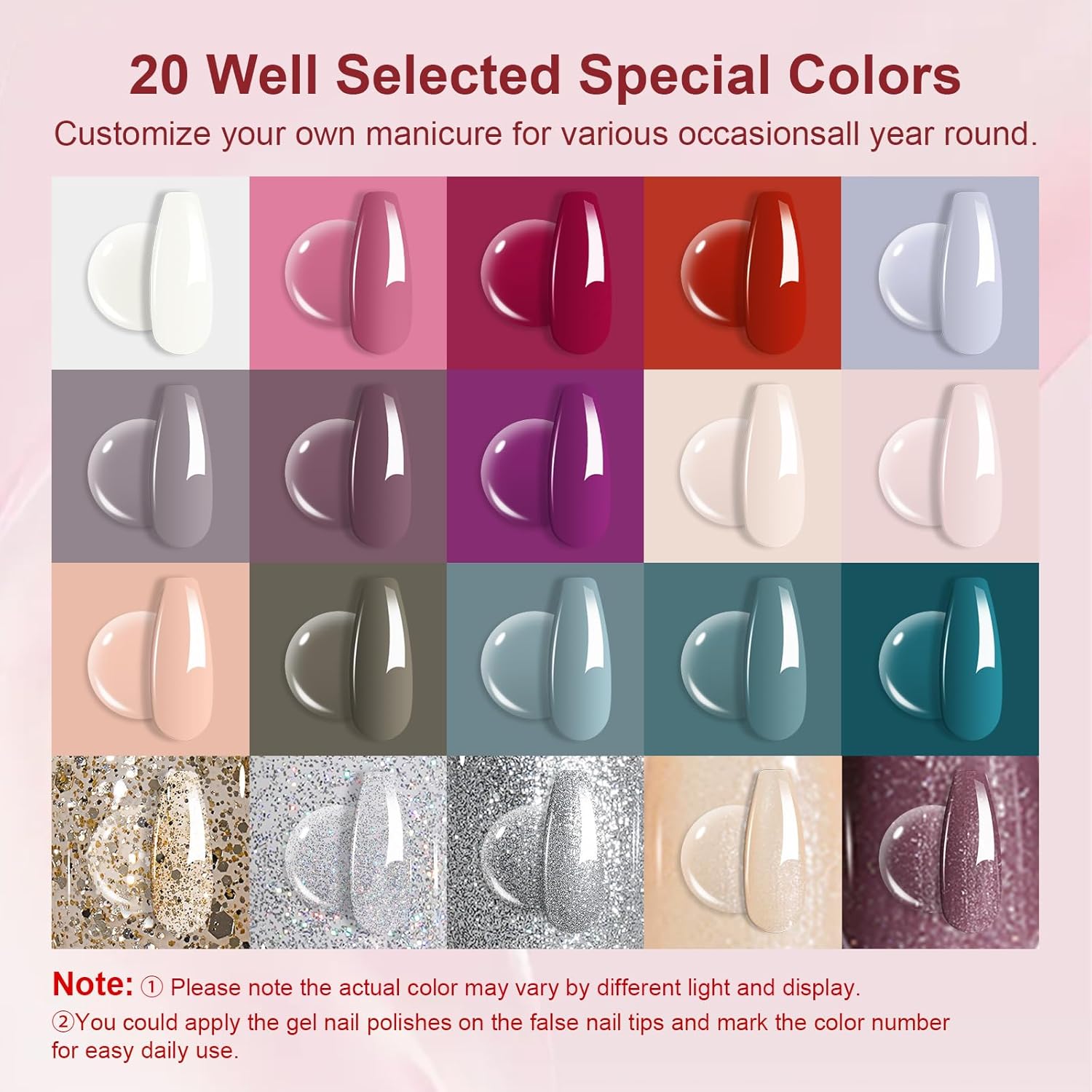 MIRAGE LAYON 43 Pcs Gel Nail Polish Kit with U V Light 20 Colors Gel Polish Nail Kit All Season 180W UV Nail Lamp Base Top Coat Gel Nail Set Nail Art Tools