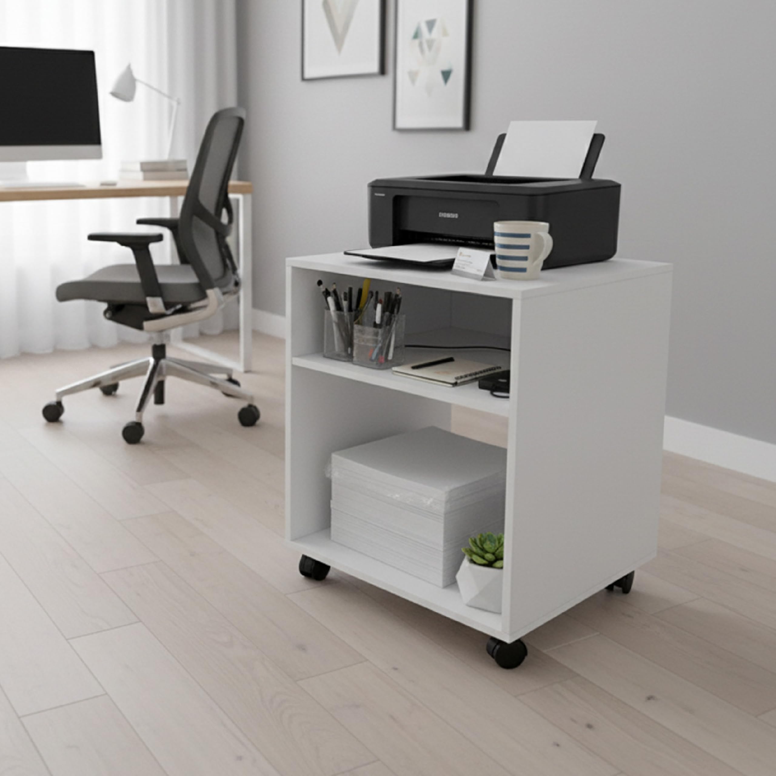 Baroni Home Carrello Ufficio Bianco con 4 Rotelle Girevoli a 360°, Mobiletto Organizer 2 Scomparti per Stampante e Cancelleria, Struttura in MDF Resistente, Montaggio Facile, 35x40x55 cm - 5