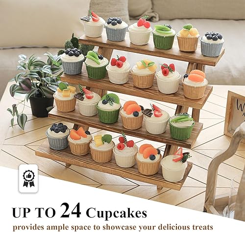 Miniatura 12 de SwallowLiving Soporte rústico de madera para cupcakes para 24 cupcakes, soporte de exhibición de madera escalonada para bodas, mesa de fiesta Blanco