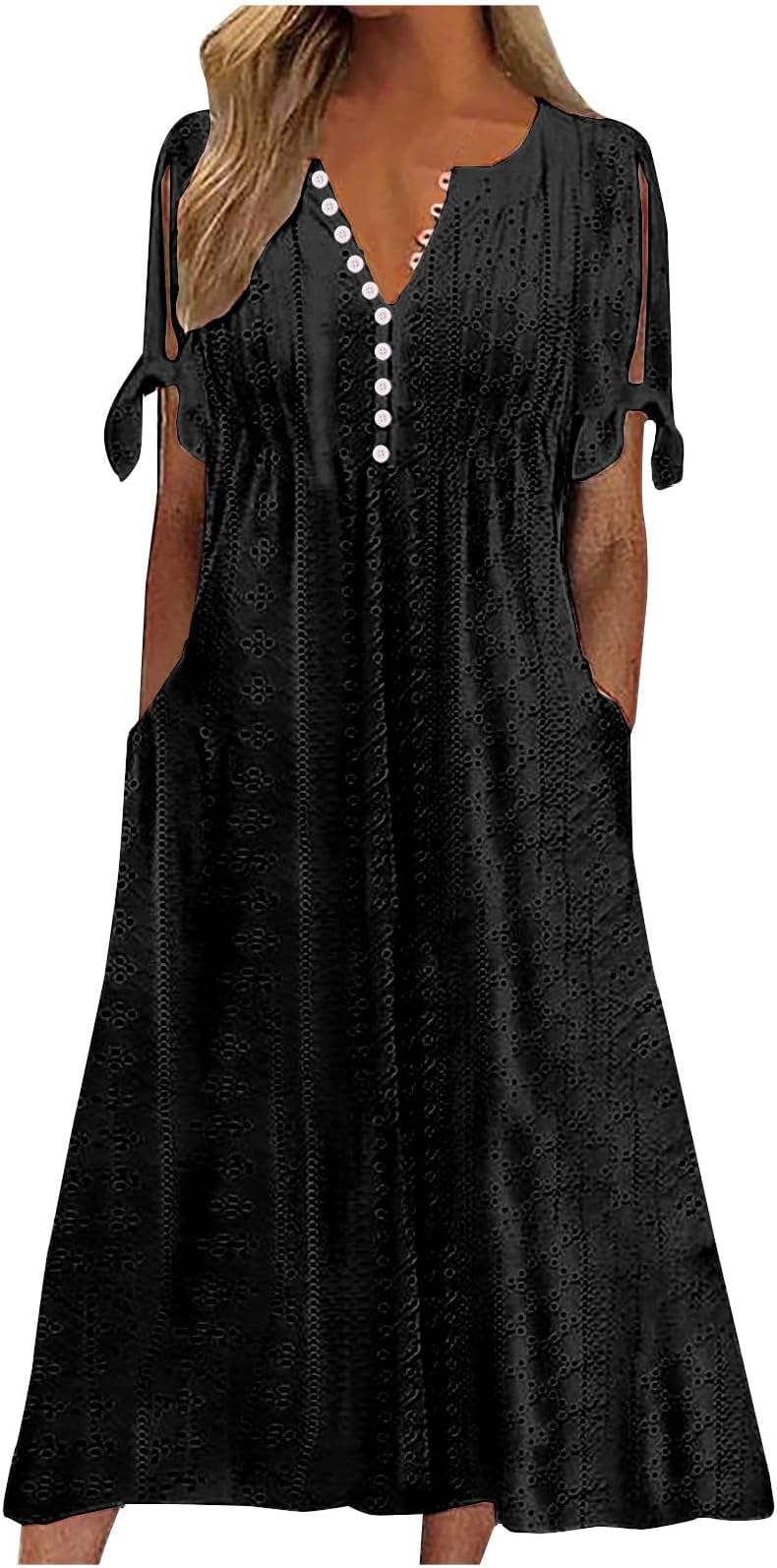 Elegant Summer Dresses for Women 2024 Trendy Tie Short Sleeve Button Down v Neck Eyelet Maxi Long Tshirt Dress