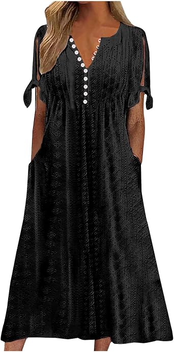 Maxi Long Dresses for Women Loose High Waisted Embroidered Eyelet Tshirt Dress Casual Summer Beach Sundress