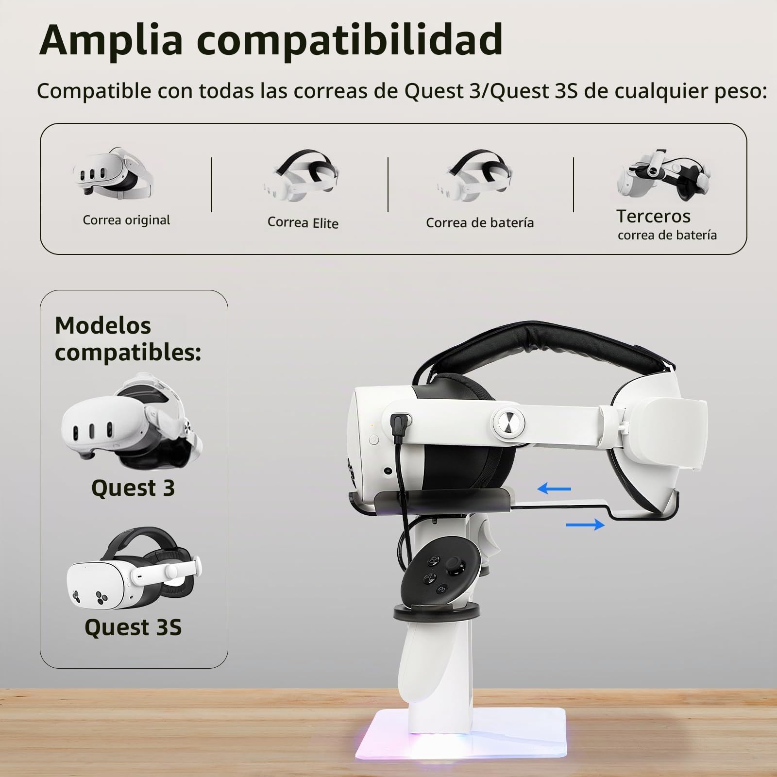 Base de Carga de diseño Compatible con Accesorios Meta Quest 3S/Quest 3, Soporte Vertical de Carga RGB, luz LED Inferior y Alfombrilla Antideslizante (Blanco)