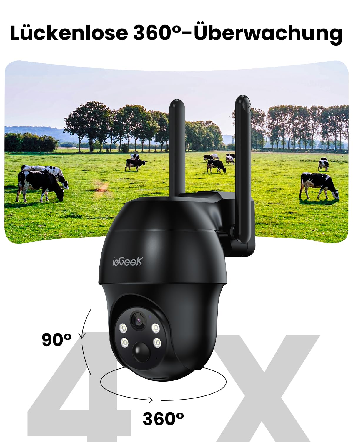 ieGeek 4G LTE Solar Outdoor Überwachungskamera mit SIM-Karte, Ohne WLAN | PIR Erkennung, 2K 360° Kabellose Überwachung mit Akku, App-Steuerung, Zwei-Wege-Audio, IP66 Wasserdichte, Schwarz Kamera