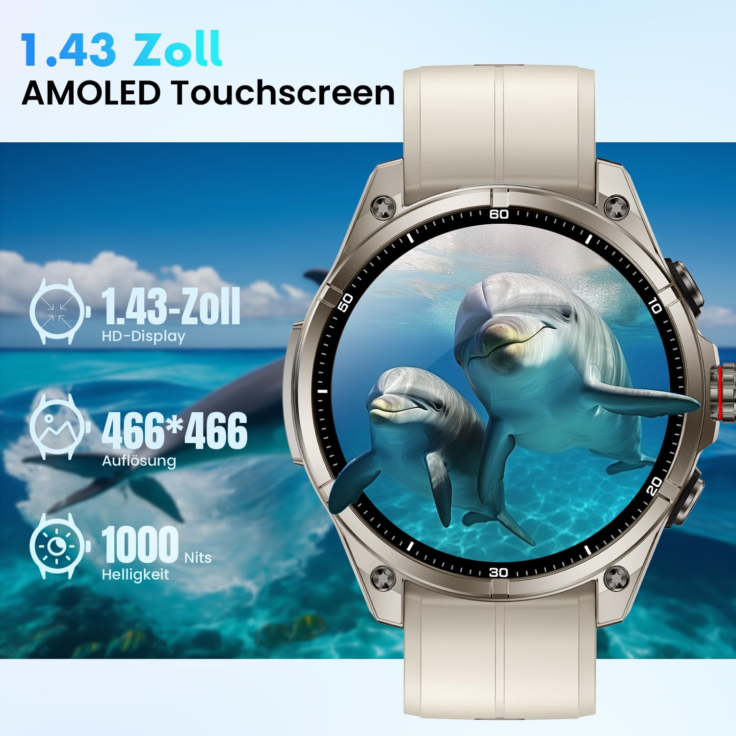 Rogbid Smartwatch dla mężczyzn, GPS, zegarek sportowy, 1,43" HD AMOLED, 5 ATM, wodoszczelny, metalowy, wojskowy smartwatch, tracker aktywności fizycznej z kompasem, krokomierzem, monitorem snu, tętnem