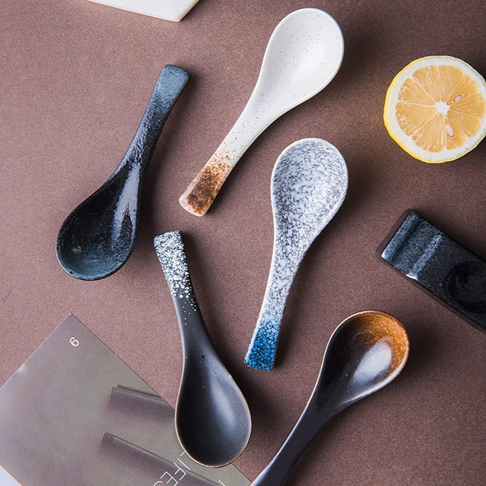 Japanese Ramen Soup Spoons, Ceramic Asian Soup Spoon for Ramen Noodles Udon Pho Rice 5 Pcs