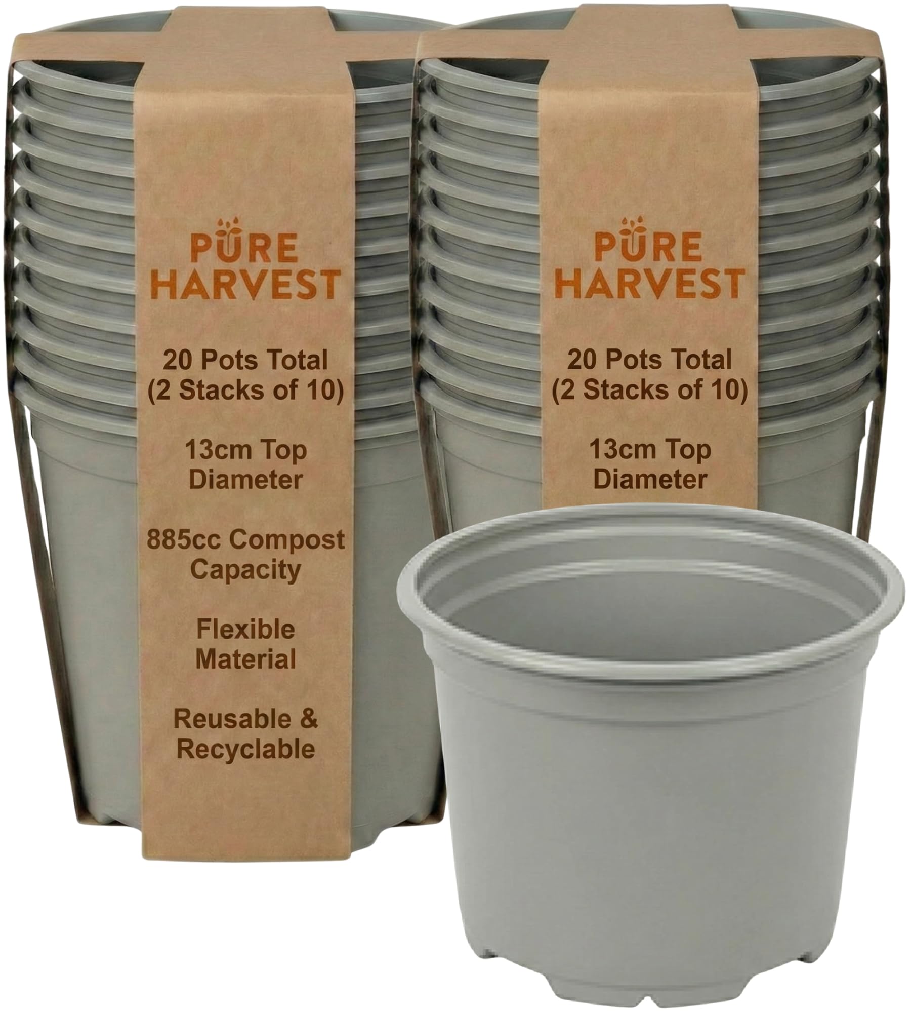 Pure Harvest 17cm Round Plant Pots (2 Litres) – Pack of 20x Reusable & Durable Nursery Pots with Excellent Drainage. Growing Containers for Perennials, Ornamental Grasses & Compact Shrubs. Grey