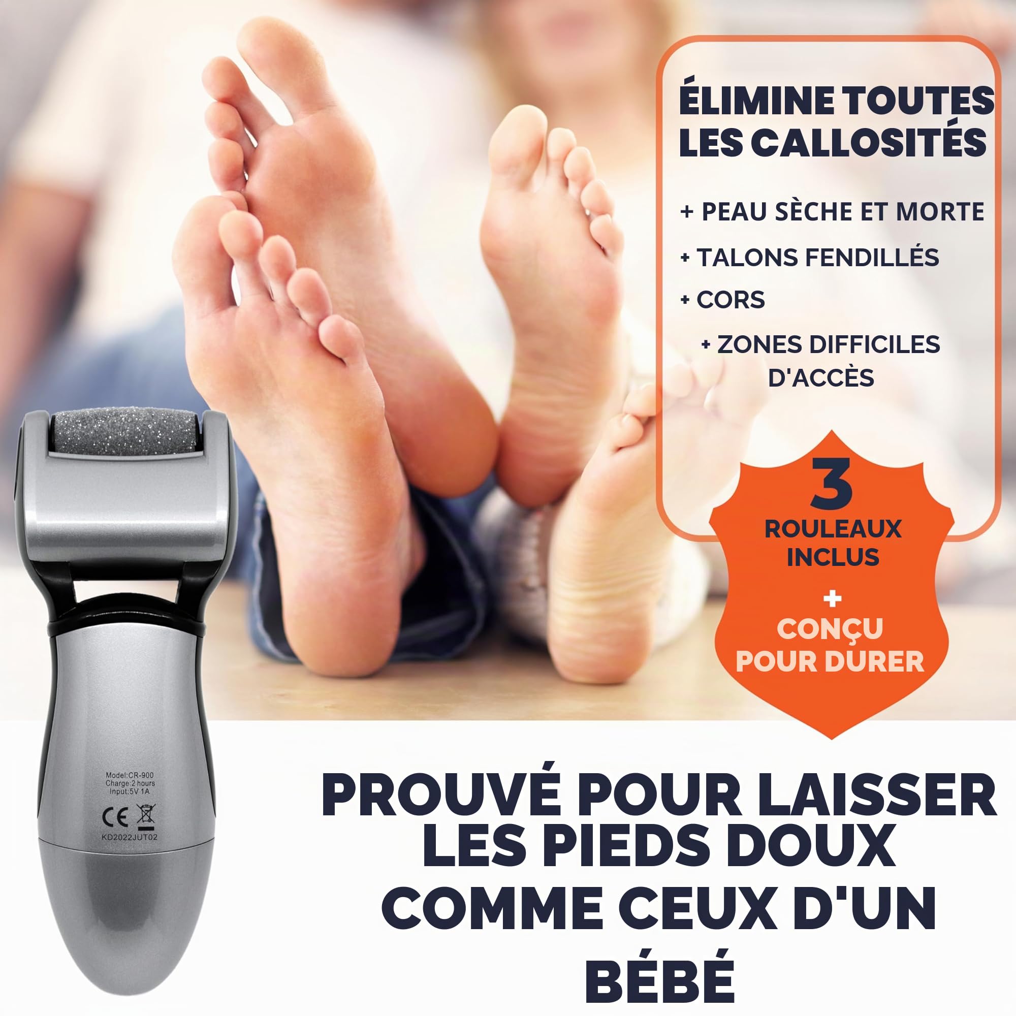Rapeuse Pieds Electrique pour Hommes par Own Harmony - Rappe Pieds Pédicure Rechargeables et Soins des Pieds avec 3 Rouleaux - Kit Pedicure Professionnel pour Peau Morte, Sèche, Dure (Câble USB)
