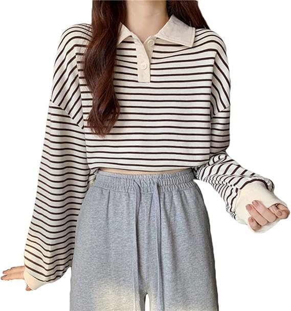 Amazon Hsfeo ショート丈 パーカー レディース Polo襟 プルオーバー 長袖 ゆったり スウェットシャツ 春秋 薄手 トップス おしゃれ 女の子 柔らかい ストライプ スウィート 通勤 コーヒー F トレーナー パーカー 通販