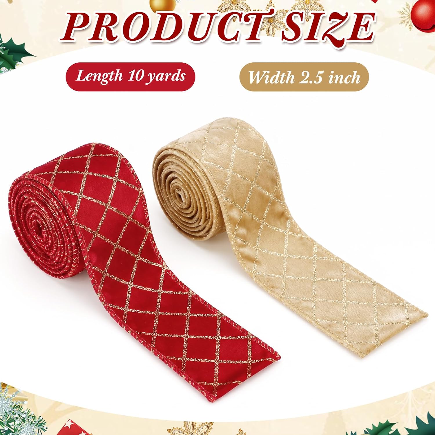2 Rolls 10 Yards Christmas Velvet Wired Ribbon 2.5" Christmas Ribbon Grid Argyle Ribbons for Xmas Tree Decoration Bow Gift Wrapping Wreath Garland DIY Craft Supplies (Gold,Red)