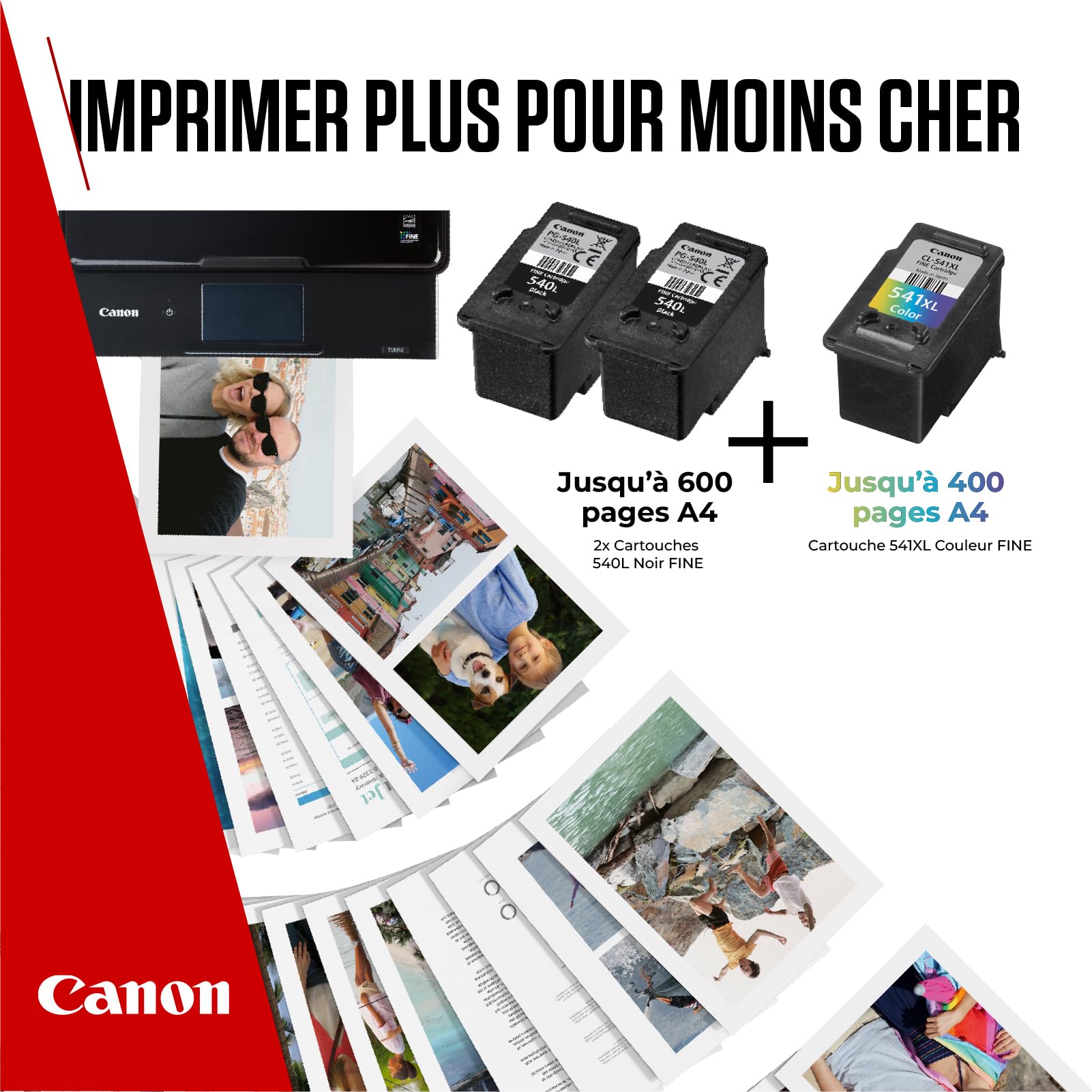 Canon PG-540 XL CL-541XL Pack de 3 Cartouches Capacité L et XL (2X Noir capacité L, 1x Couleur capacité XL) Certifié 50 Feuilles Papier Photo 10x15cm (Emballage Carton)