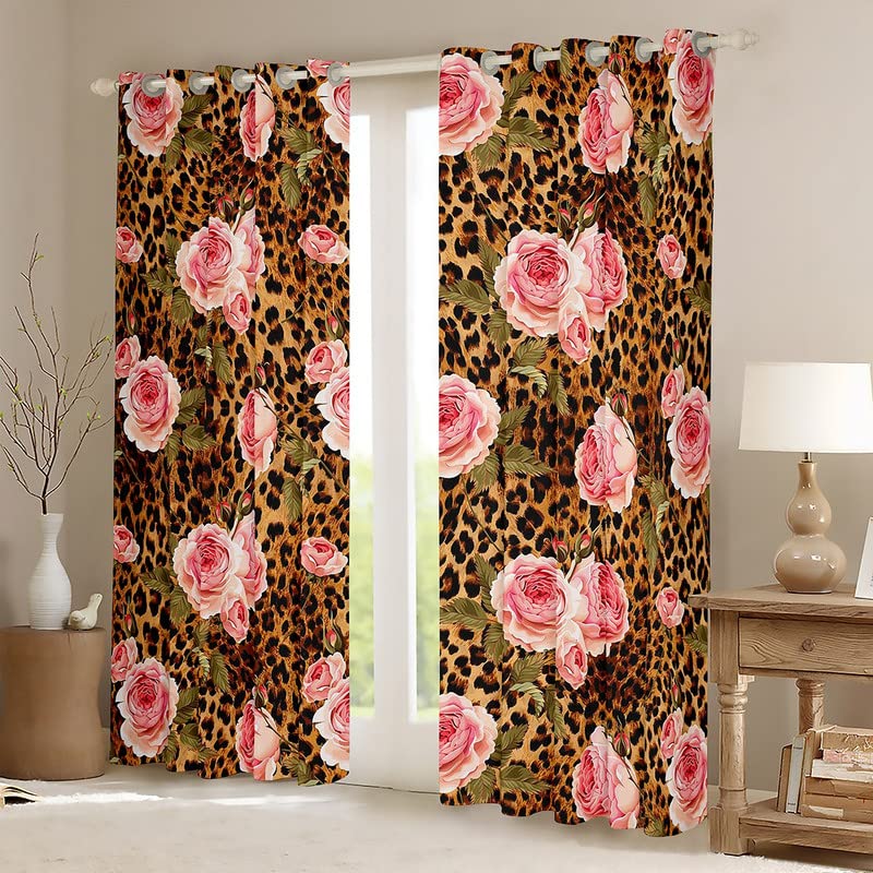 Brown Leopard Print Window Curtains,Cheetah Skin Texture Window Drapes for Kids Teens Boys Girls,Floral Wild Animals Pink Romantic Window Treatments Grommet Top 2 Panel Set Curtains, 52Wx96L inch