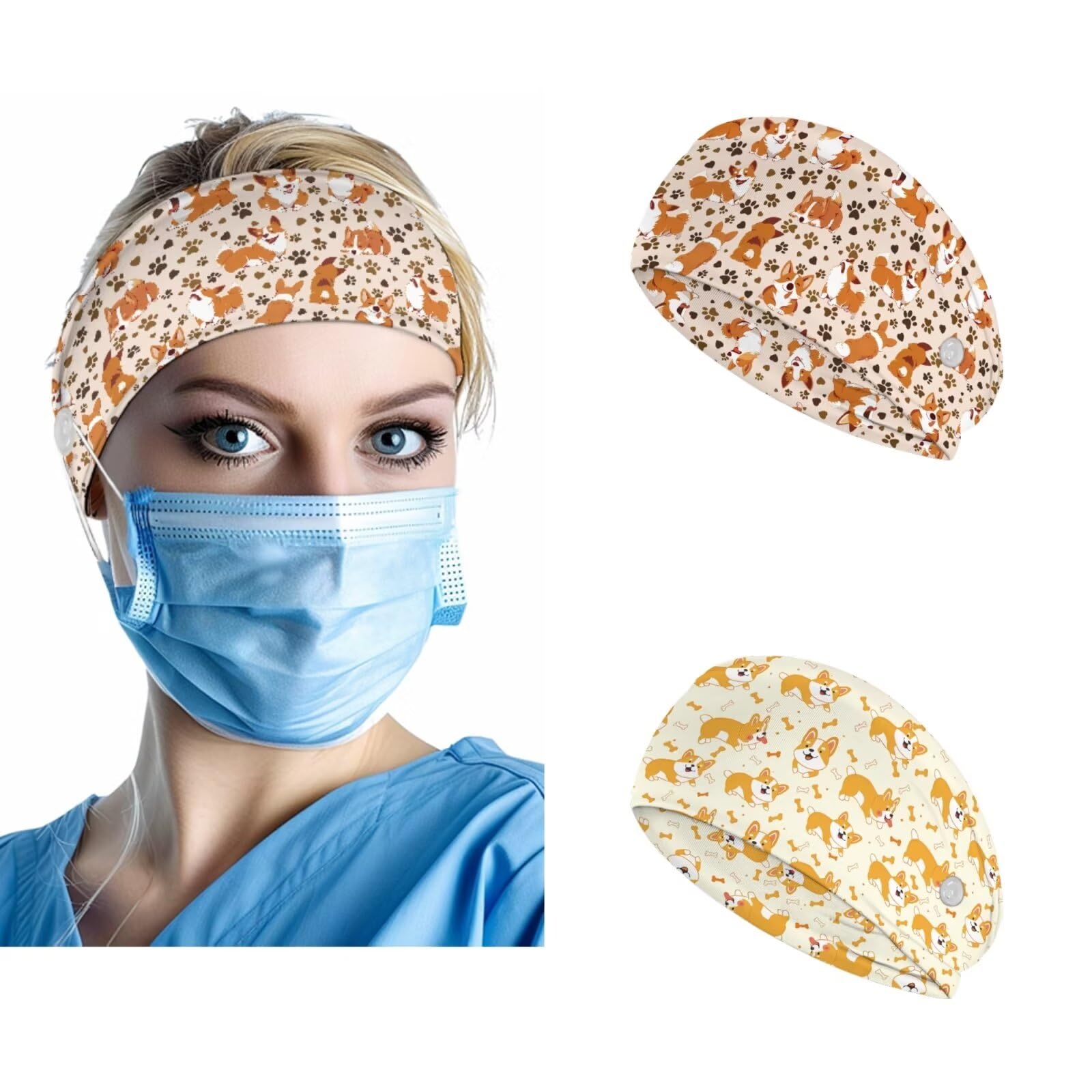 Poetesant Womens Yoga Hairdbands for Washing Face Cute Lightweight Elastic Wide Headbands Non Slip Hair Bands with Buttons for Mask Corgi Dog Paws