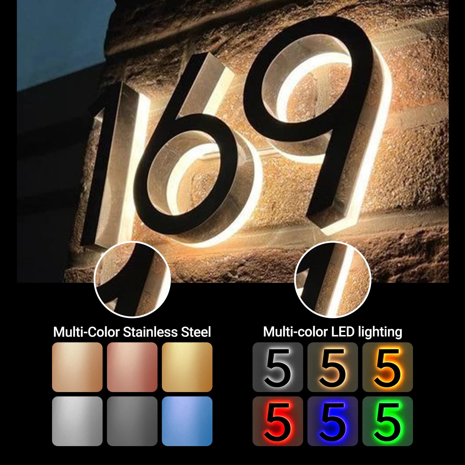 Custom LED Illuminated House Numbers – Modern Backlit Address Signs, 304 Stainless Steel, Waterproof, Solar Or Plug-In Power Options