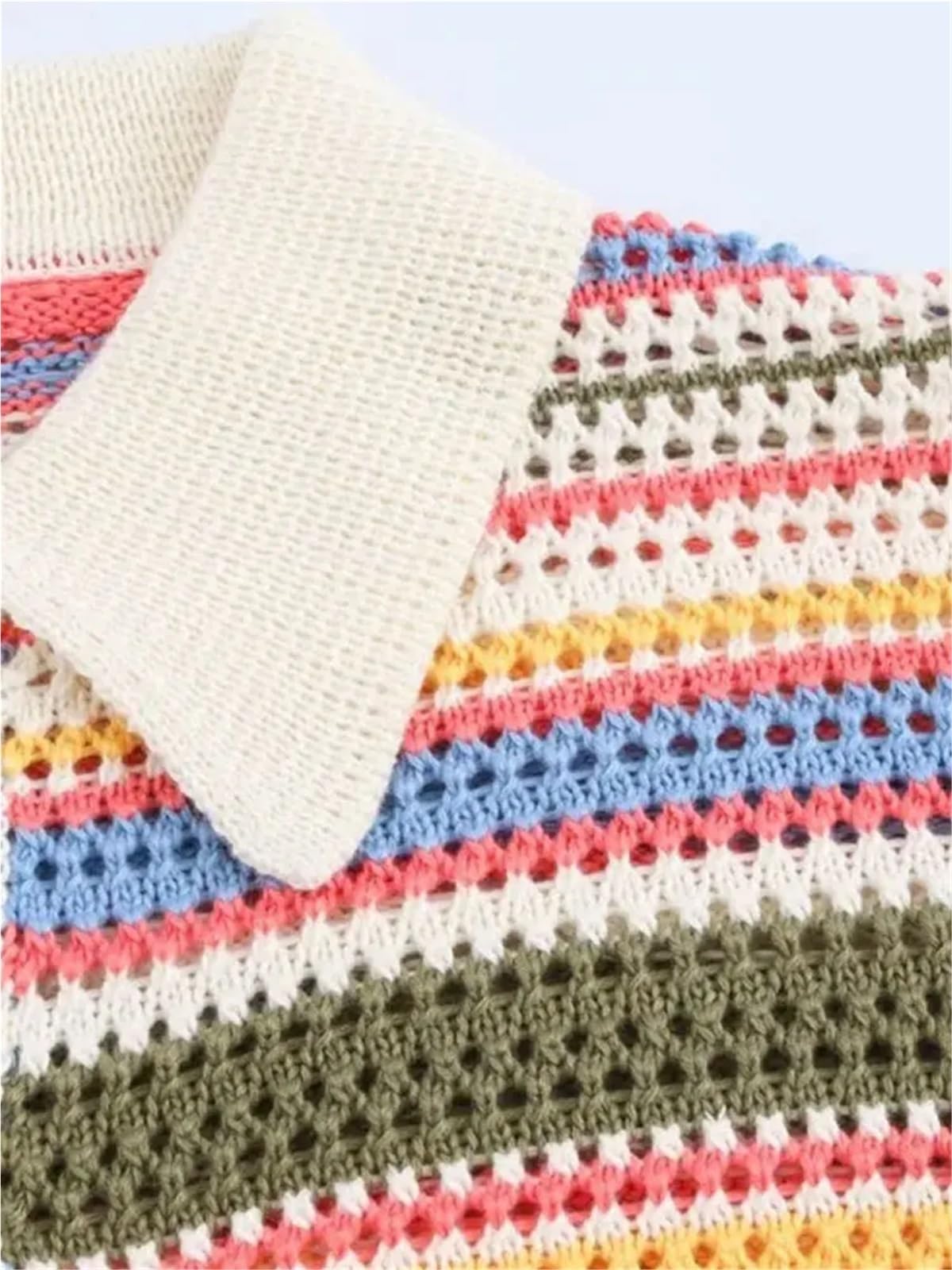 Cardigan Mujer Corta Suéter de Punto Crochet a Rayas, Cuello Polo, Manga Corta, Abotonado, Ropa Abrigo