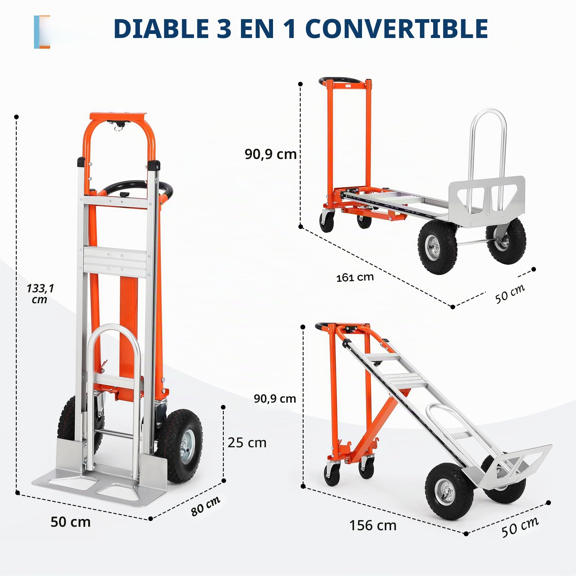 Garvee Diable Pliable Et Chariot Pliable 3 en 1, Capacité 350 Kg, Chariot De Manutention avec Roues Solides, Sangles Élastiques, Chariot De Transport pour Entrepôt Marchandises