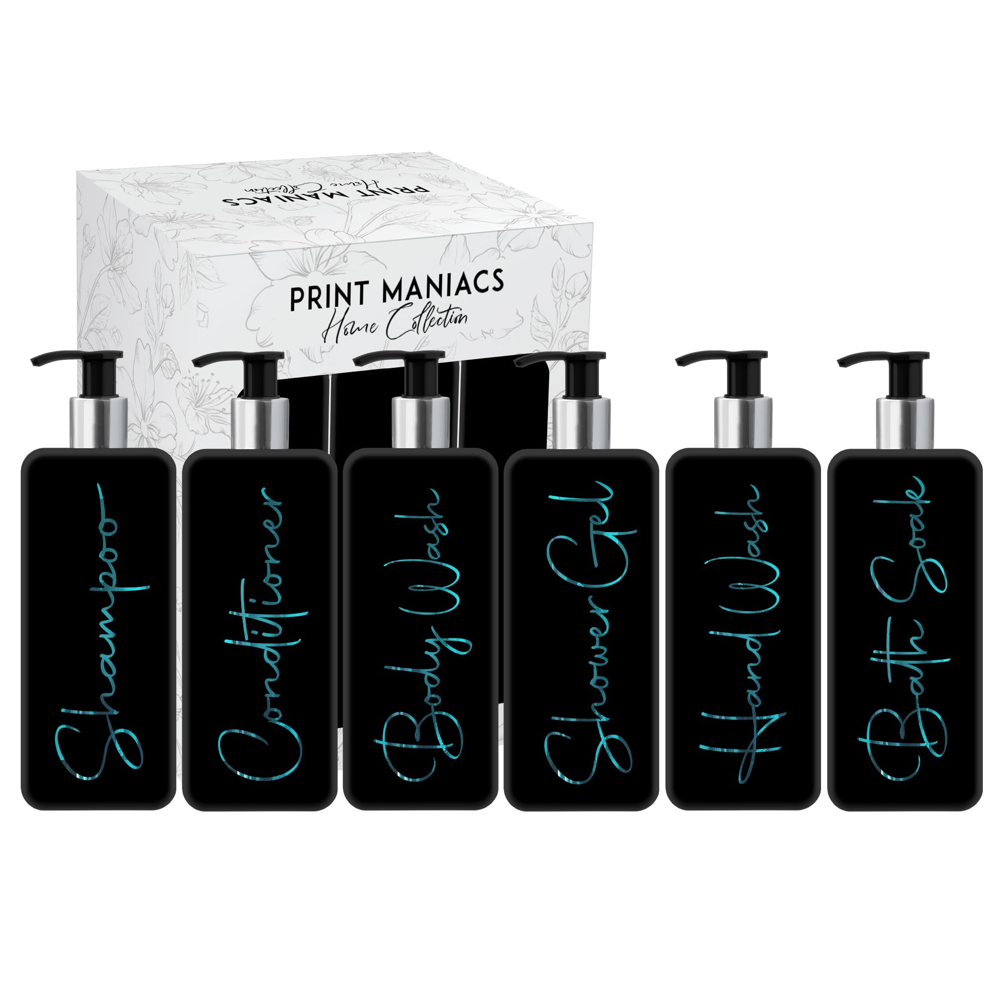 Print ManiacsMrs Hinch Inspired Signature Black 500ml Square Reusable Dispenser Bottle Silver Pump Personalised Bathroom Storage Set F2 (Teal, Shamp, Con, Body Wash, Bath Soak, Shower Gel, Hand Wash)