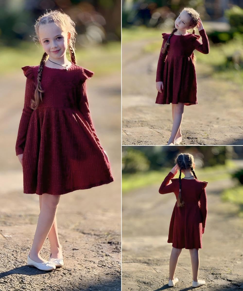 Arshiner Toddler Girl Dress Baby Girls Knitted Ruffle Sleeve Pocket Dresses A-Line Flared Fall Winter Clothes for 2-8 Years - Image 5