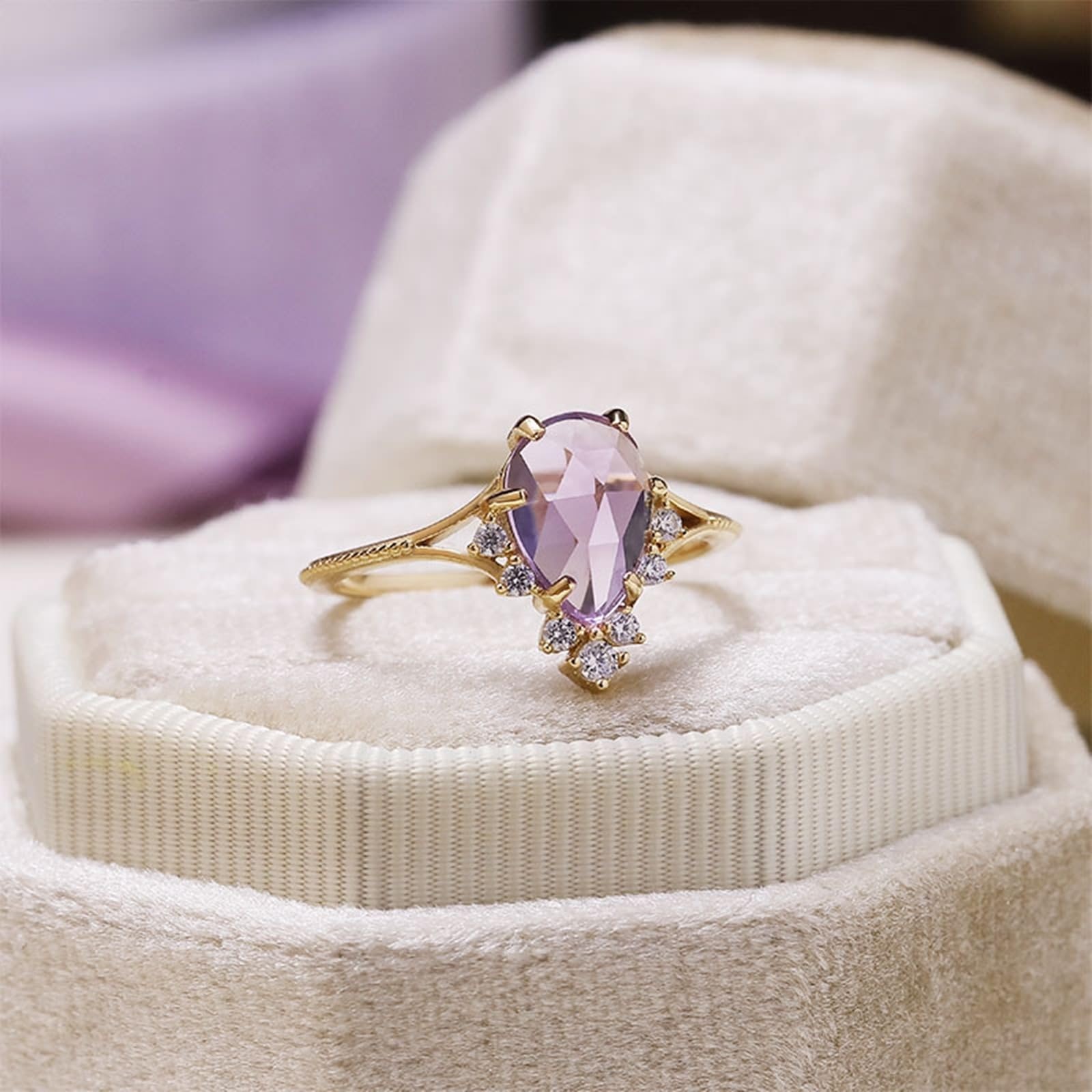 Alianzas de oro de 9 K/14 K/18 K con gota de amatista morada, anillos de pareja