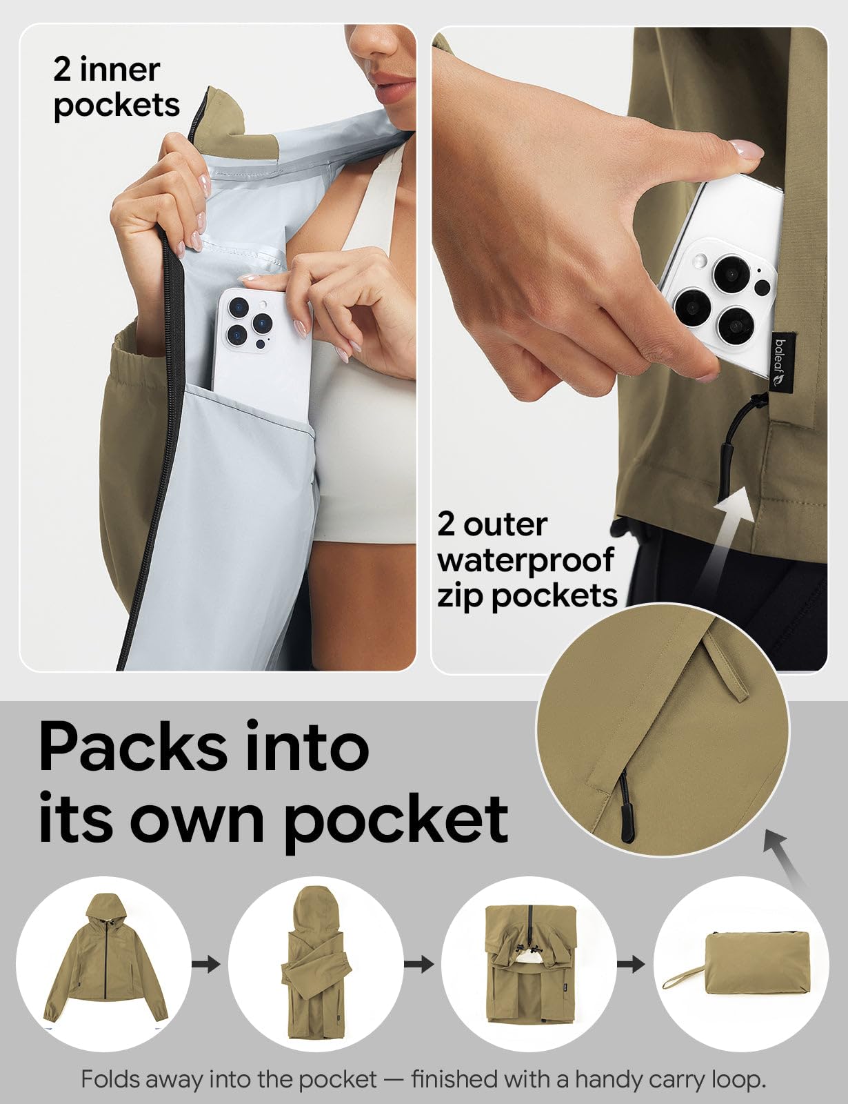 baleaf Chaquetas impermeables con capucha para mujer, cortavientos, ligera, corta para mujer, para senderismo, senderismo, ciclismo