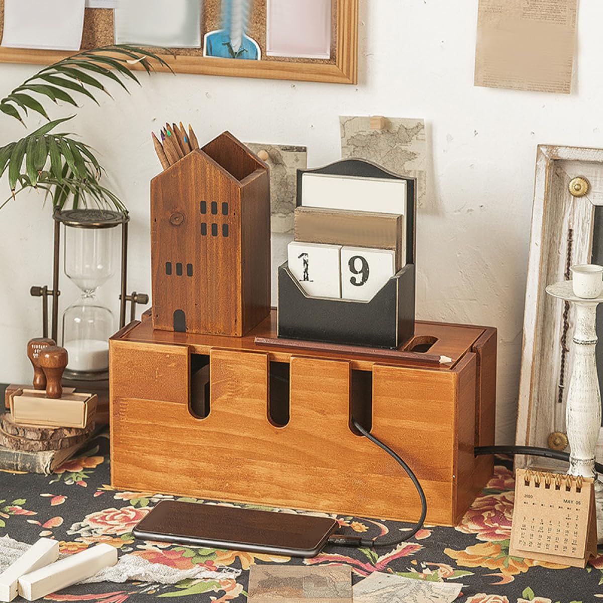 Organizador de Cables de Madera Maciza para Escritorio Caja para Organizar Cables Tapa Multifuncional para Regletas y Enchufes Almacenamiento Ordenado para Oficina y Hogar