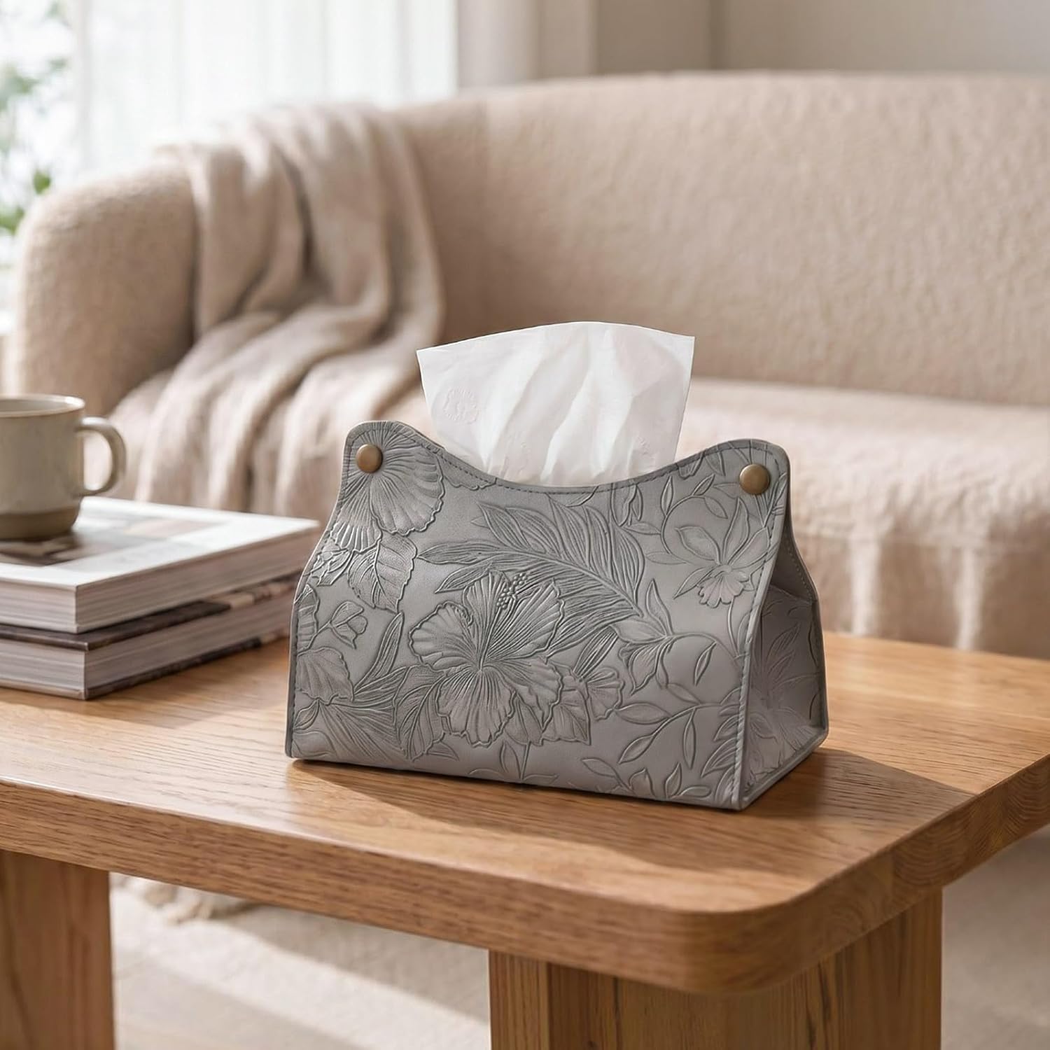 Craftdady 2 PCS PU Leather Tissue Box Holder Flower Tissue Box Cover Grey