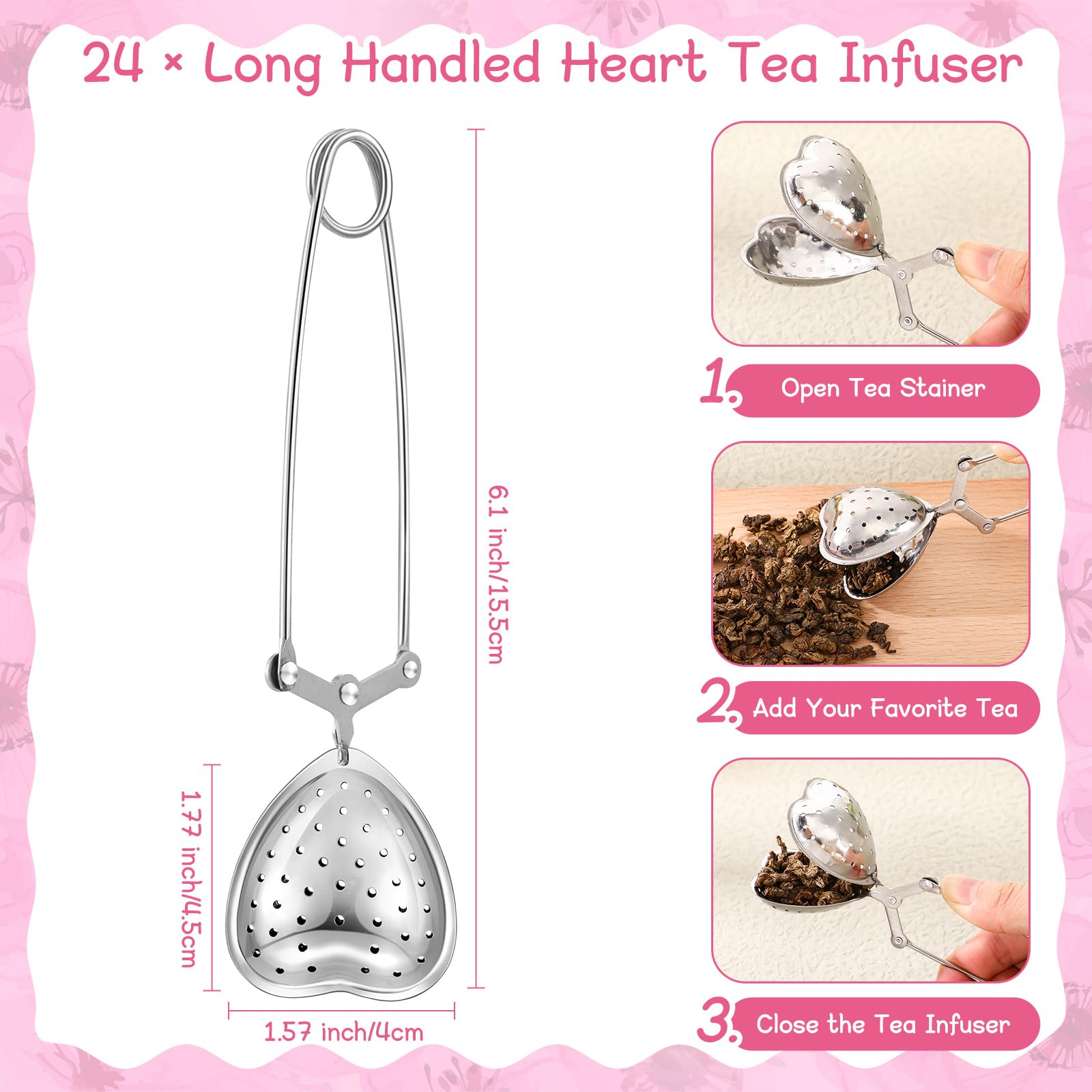 Gisafai 24 Sets Bridal Shower Tea Party Favors for Guests Include Heart Tea Infuser Long Handled Tea Ball Tea Steeper for Loose Tea with Thank You Cards Twine Wedding Bridal Shower Souvenir (No Tea)