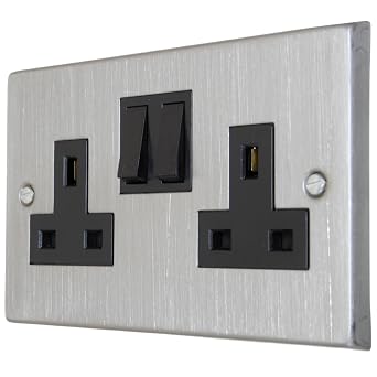 5 x Double Plug Socket Satin Chrome with Black Trim 13A Switched 2 Gang Twin