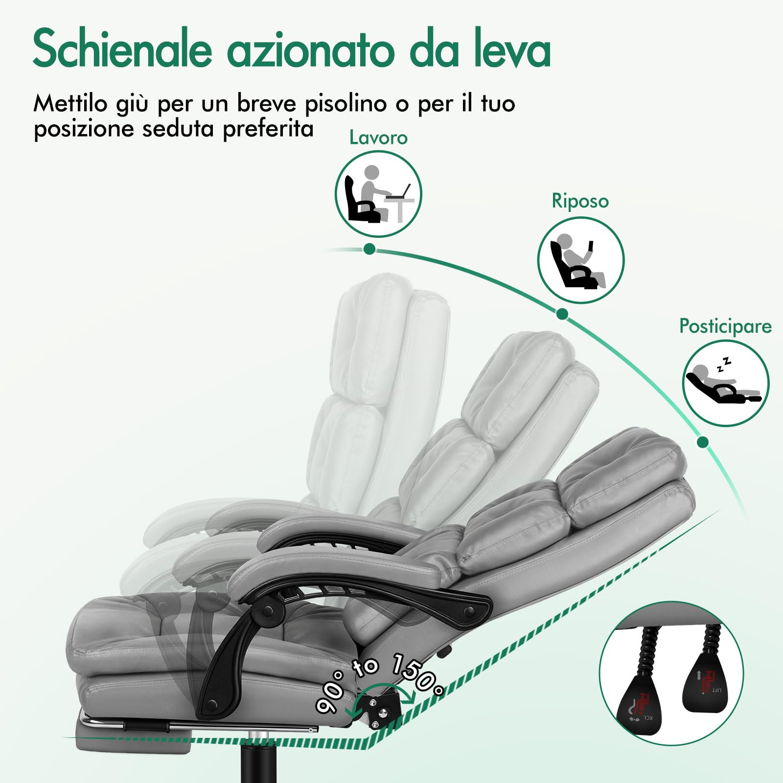 ALFORDSON Sedia Ufficio Ergonomica, Poltrona Direzionale, Girevole e Altezza Regolabile, da Scrivania in Studio con Poggiagambe e Rotelle, Portante di 180 kg, Similpelle(Grigia)