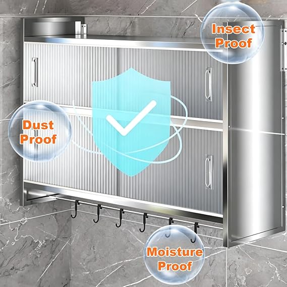 Stainless Steel Kitchen Wall Cabinet, Multi-Layer Storage Organizer Rack with Sliding Translucent Doors, Hanging Shelf for Kitchen Bathroom Garage Balcony(120x32x71cm/47x13x28in)