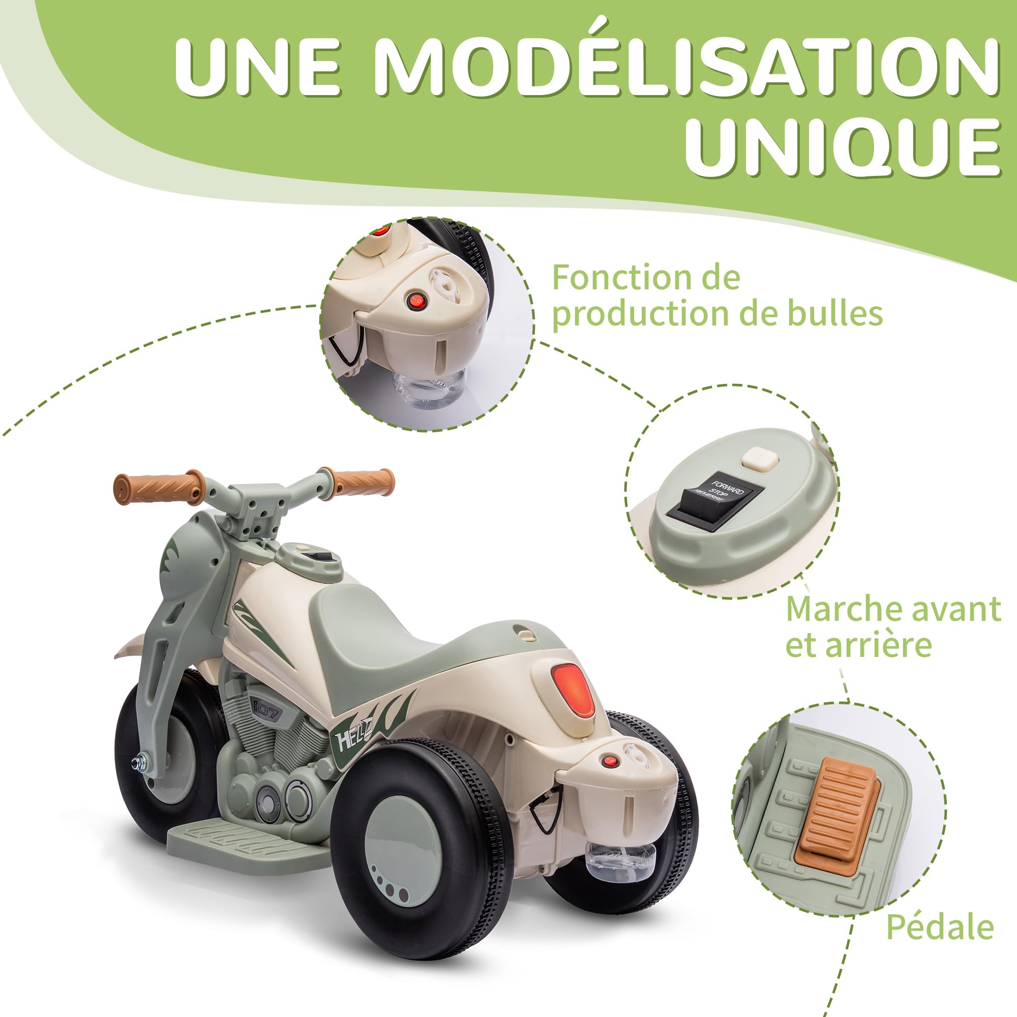 AIYAPLAY Moto électrique Enfants, 3 Roues, 6 V, 3 km/h, Voiture électrique Enfants avec Fonction de Bulles, Effets Lumineux et sonores, 2 à 5 Ans, Charge Max. 30 kg, crème AIYAPLAY Moto électrique Enfants, 3 Roues, 6 V, 3 km/h, Voiture électrique Enfants avec Fonction de Bulles, Effets Lumineux et sonores, 2 à 5 Ans, Charge Max. 30 kg, crème