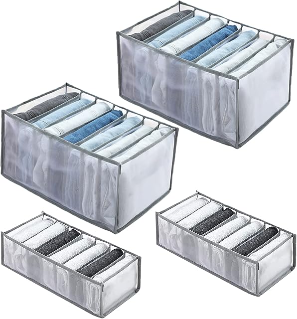 4 Pcs Drawer Organiser - Wardrobe Storage Organiser, 7 Grids Foldable Wardrobe Clothes Organiser Clothes Drawer Dividers, Washable Clothes Storage Boxes for Jeans, Underwear, Sweaters, Leggings 2M+2L