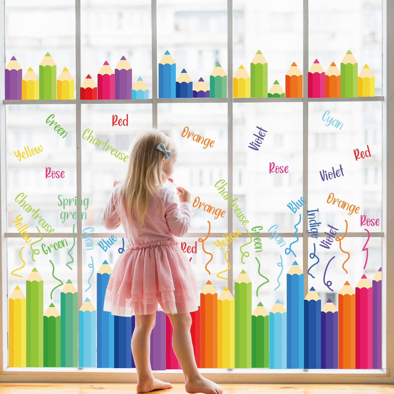 JarThenaAMCS 9 Sheets Pencil Window Clings Colorful Pencil Static Window Decals Back to School Double Sided Educational Window Stickers for First Day