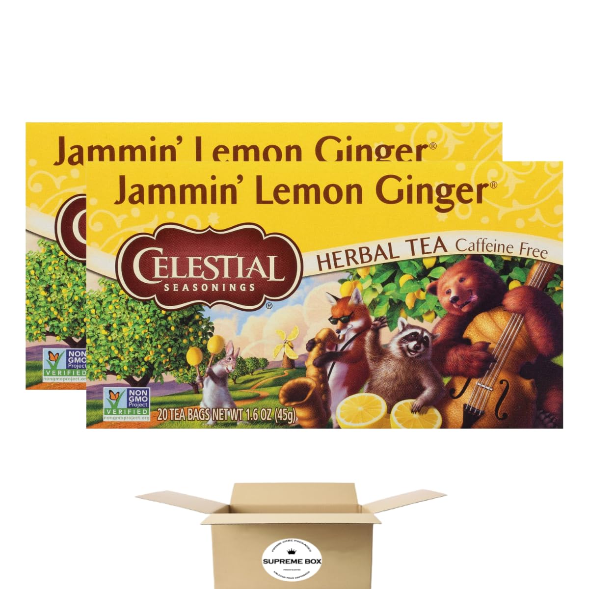 Celestial-Seasoning Jammin Lemon Ginger Herbal Tea Bags, Caffeine Free, 20 Count - Pack of 2 with Supreme Box